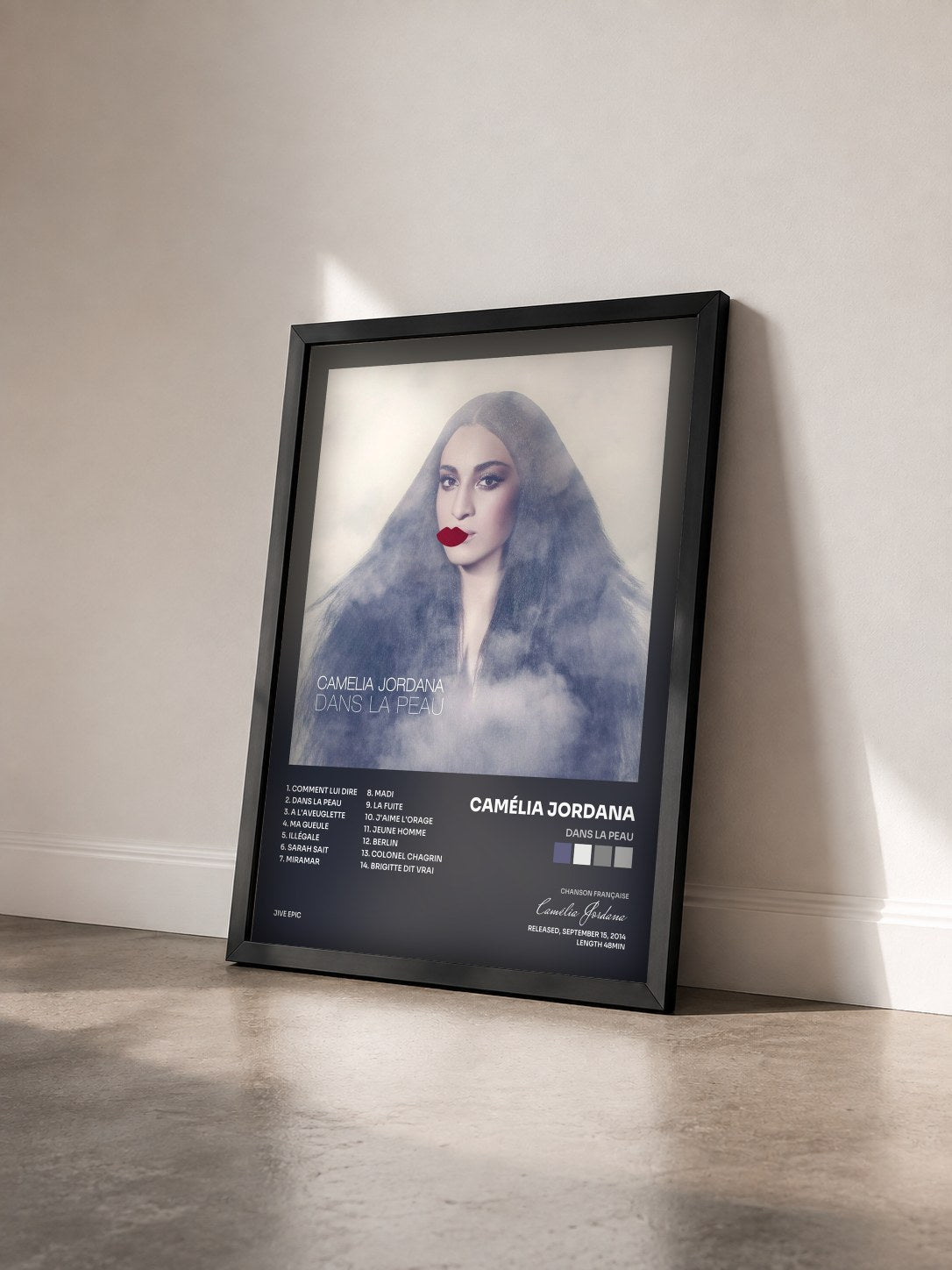 #noir Tableau de l'album Dans la peau de Camélia Jordana vu de trois quarts, cadre noir