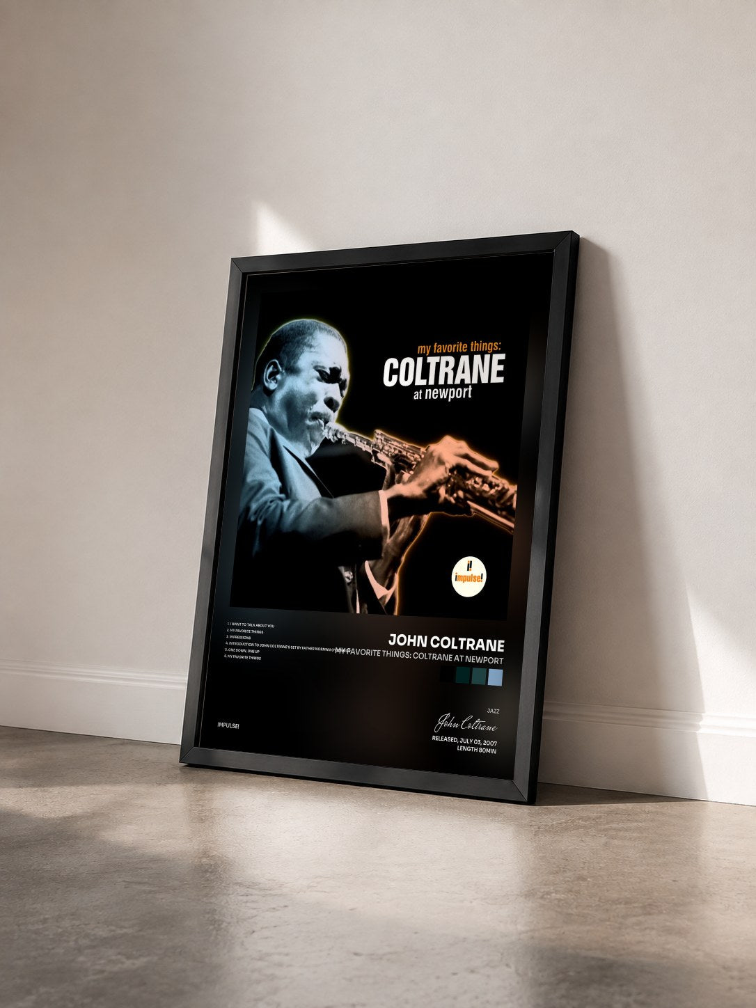 #noir Tableau de l'album My Favorite Things: Coltrane At Newport de John Coltrane vu de trois quarts, cadre noir