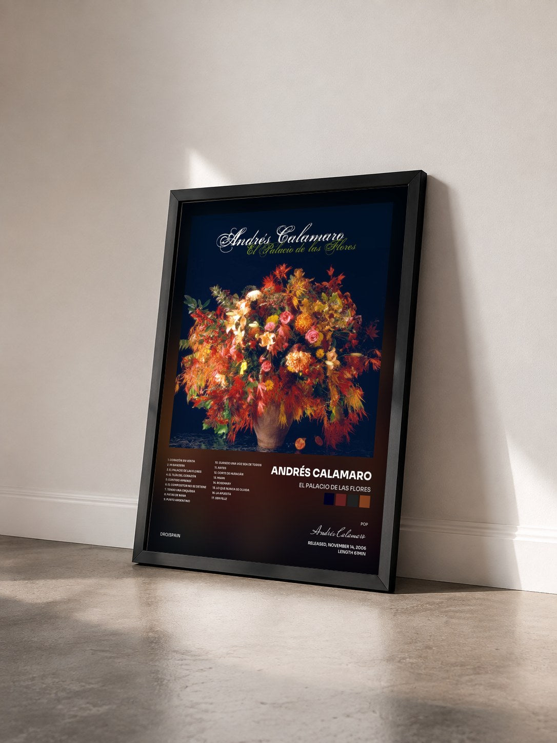 #noir Tableau de l'album El palacio de las flores de Andrés Calamaro vu de trois quarts, cadre noir