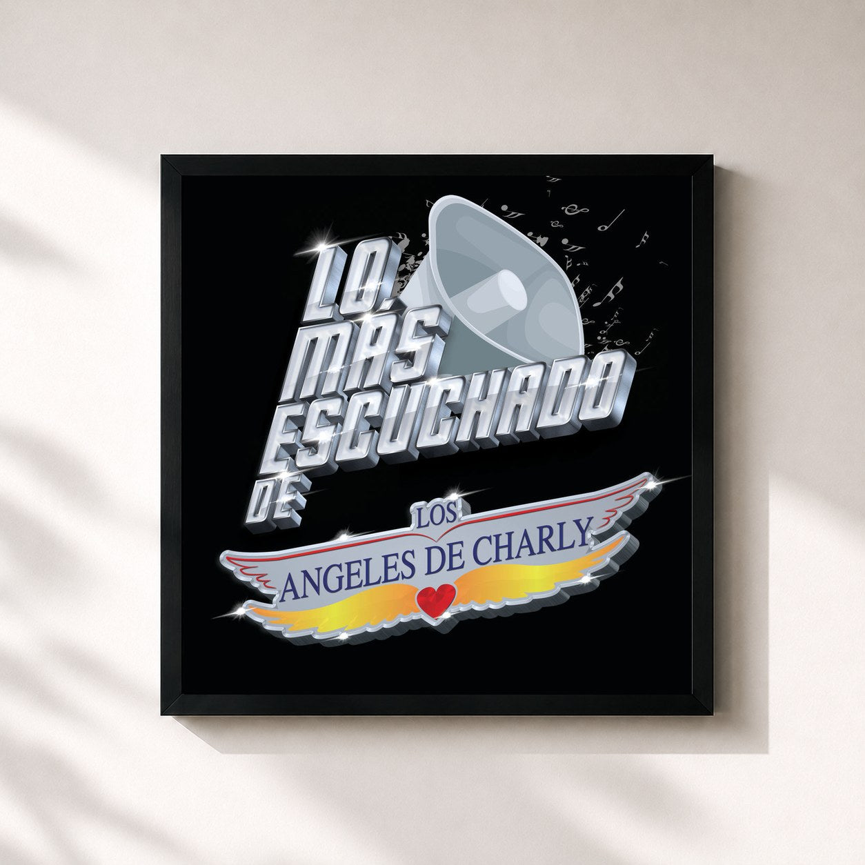 #noir Tableau carré de l'album Lo Más Escuchado De de Los Angeles de Charly, cadre noir 32x32 cm