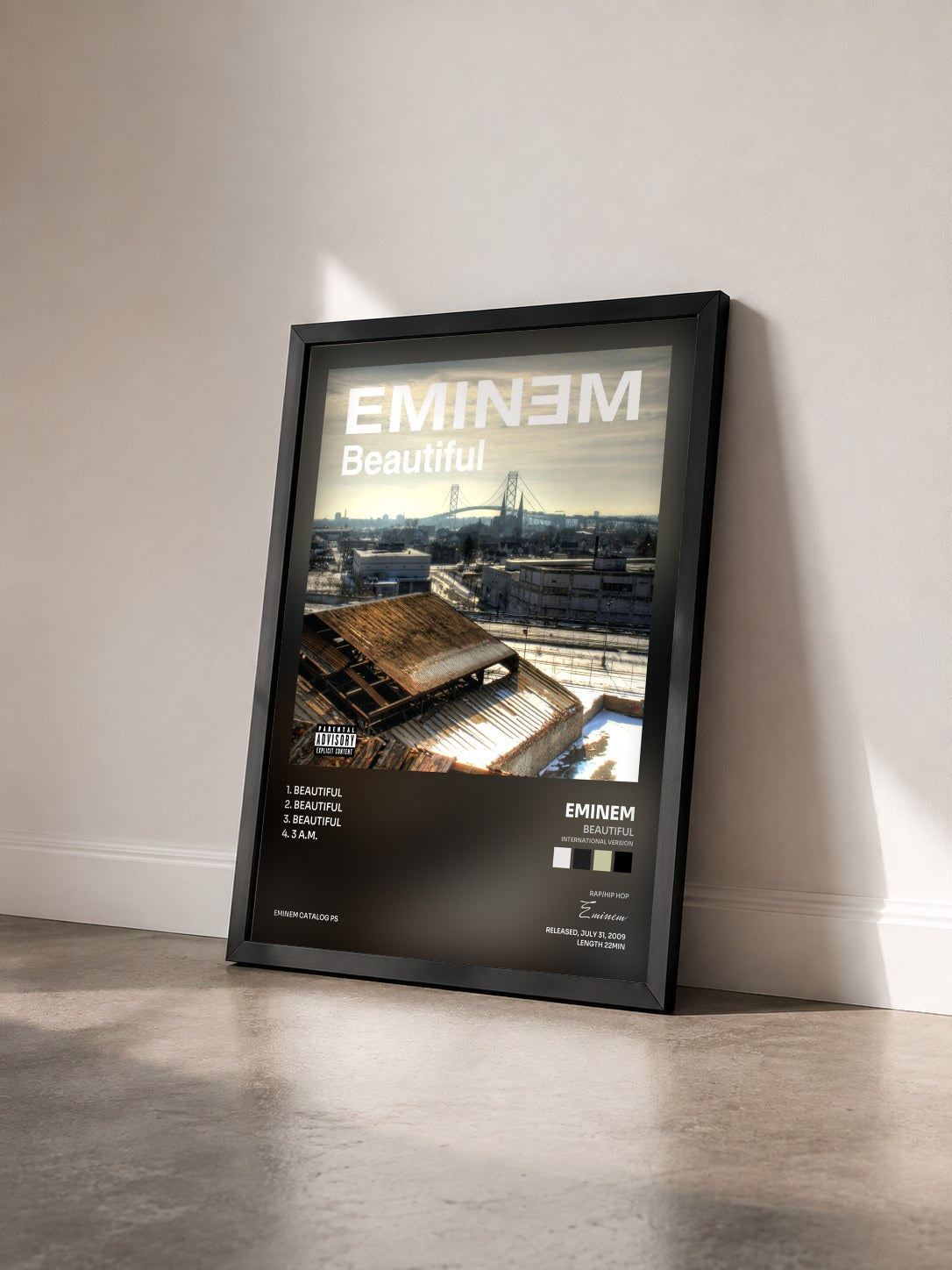 #noir Tableau de l'album Beautiful (International Version) de Eminem vu de trois quarts, cadre noir