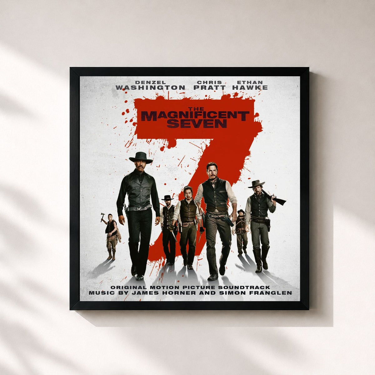 #noir Tableau carré de l'album The Magnificent Seven (Original Motion Picture Soundtrack) de James Horner, cadre noir 32x32 cm
