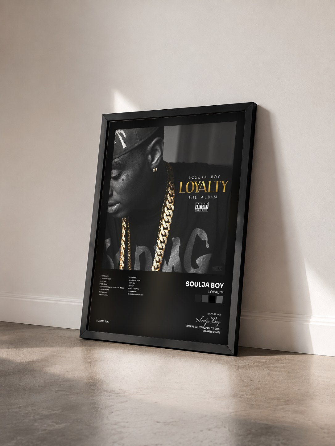 #noir Loyalty by Soulja Boy as a framed art print seen at an angle, black frame