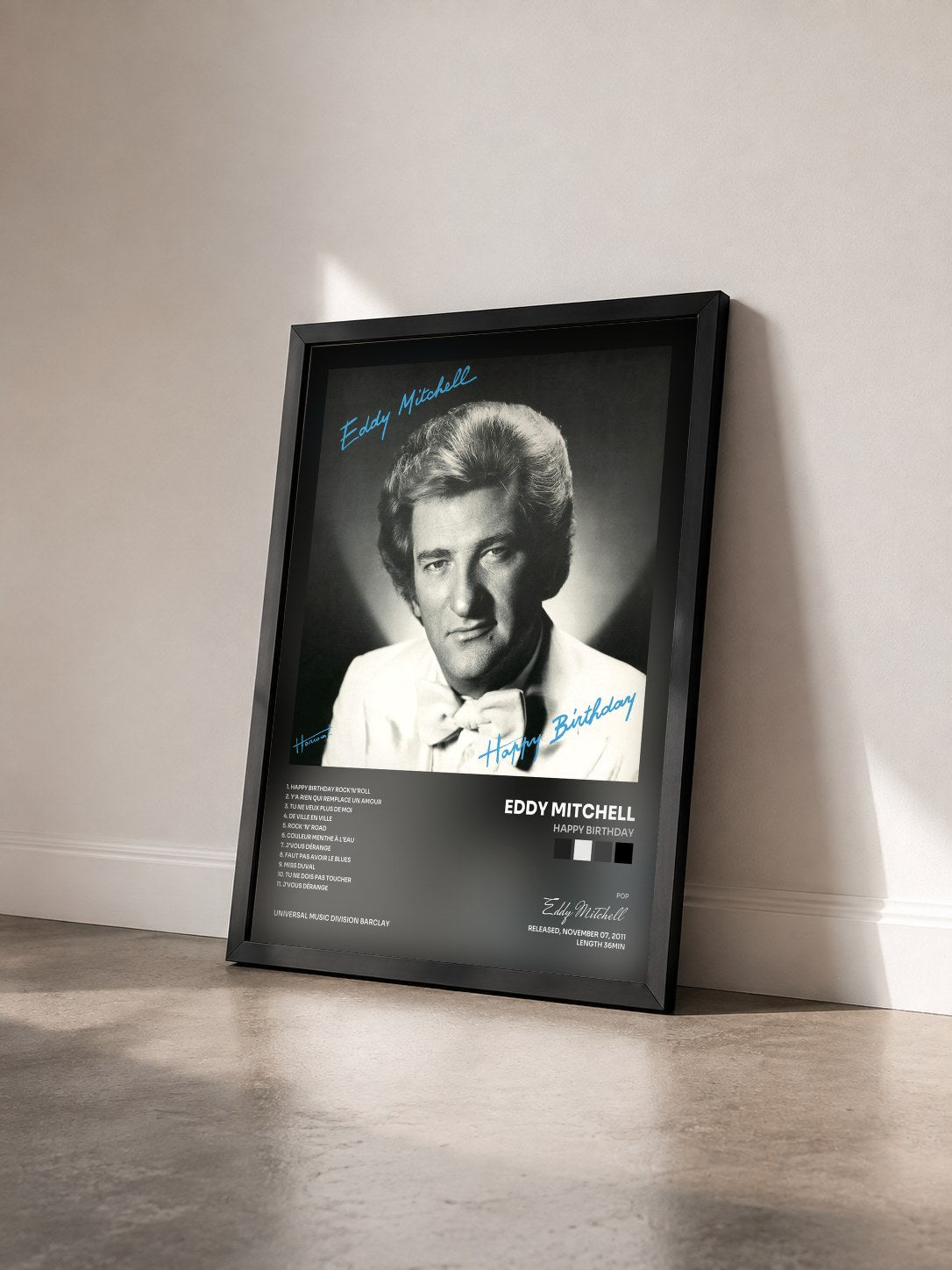 #noir Tableau de l'album Happy Birthday de Eddy Mitchell vu de trois quarts, cadre noir