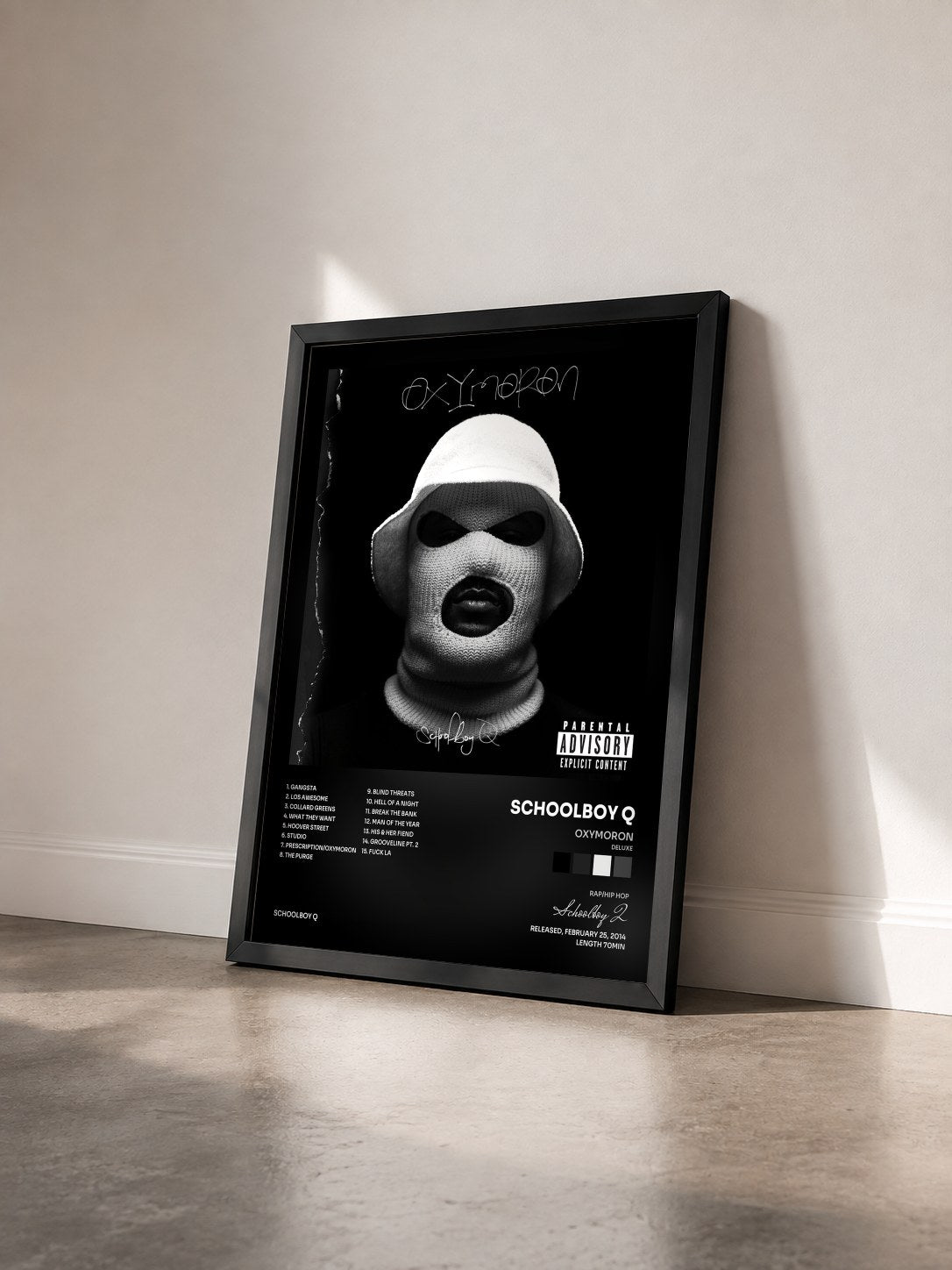 #noir Oxymoron (Deluxe) de Schoolboy Q en lámina enmarcada vista de tres cuartos, marco negro