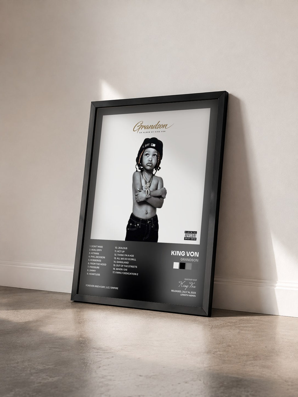 #noir Tableau de l'album Grandson de King Von vu de trois quarts, cadre noir