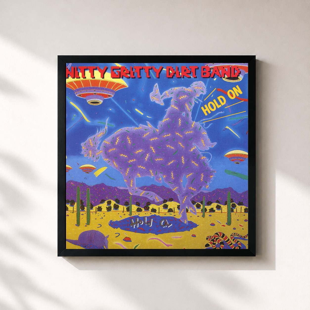 #noir Tableau carré de l'album Hold On de Nitty Gritty Dirt Band, cadre noir 32x32 cm