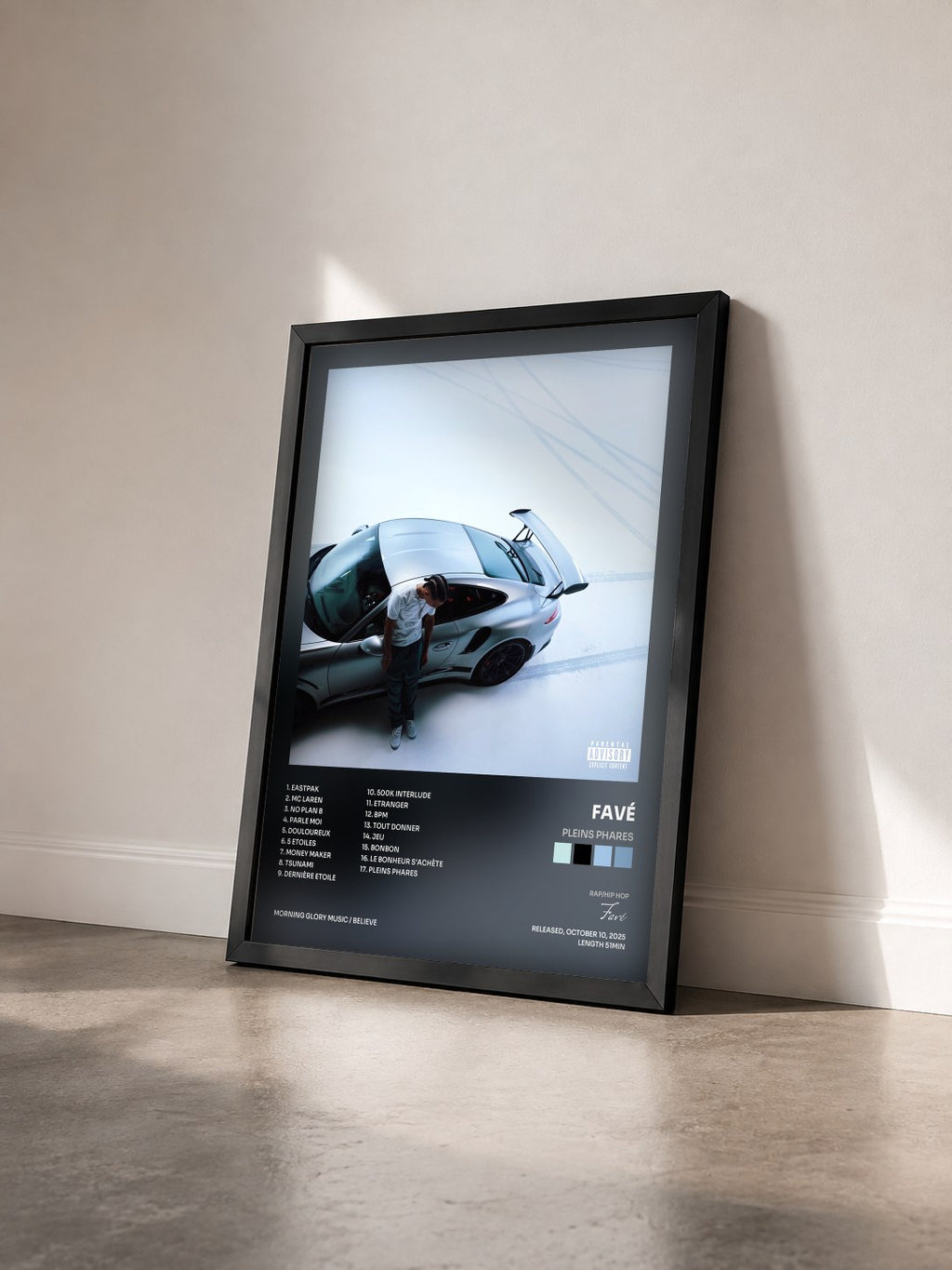#noir Pleins Phares by Favé as a framed art print seen at an angle, black frame