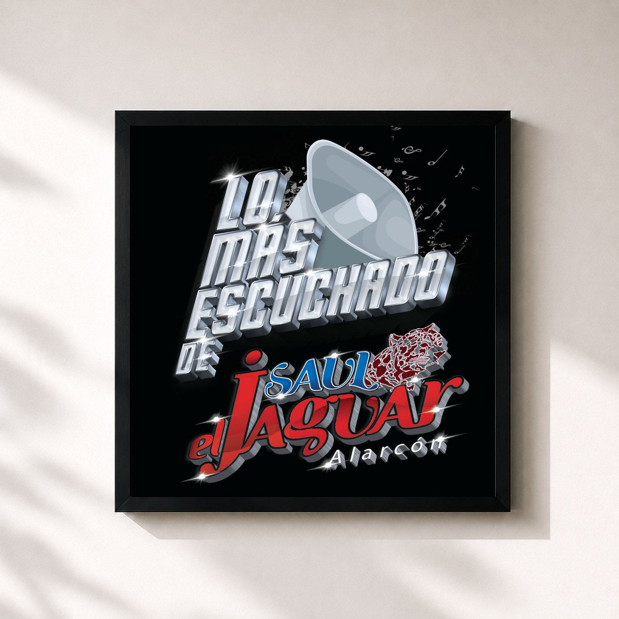 #noir Tableau carré de l'album Lo Más Escuchado De de Saul El Jaguar Alarcón, cadre noir 32x32 cm