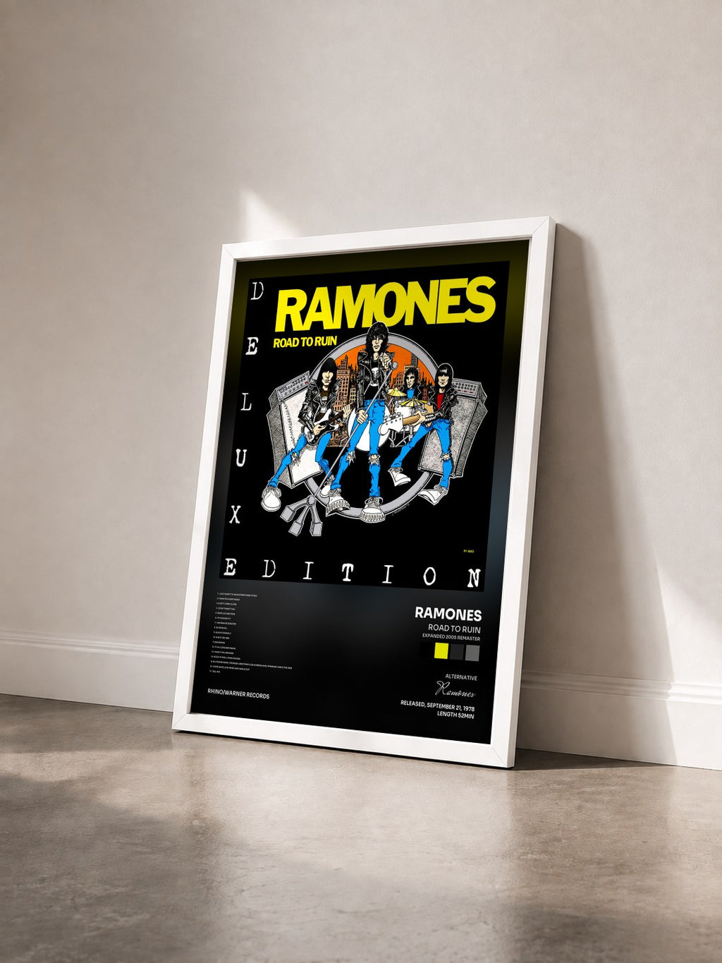 #blanc Road to Ruin (Expanded 2005 Remaster) by Ramones as a framed art print seen at an angle, white frame