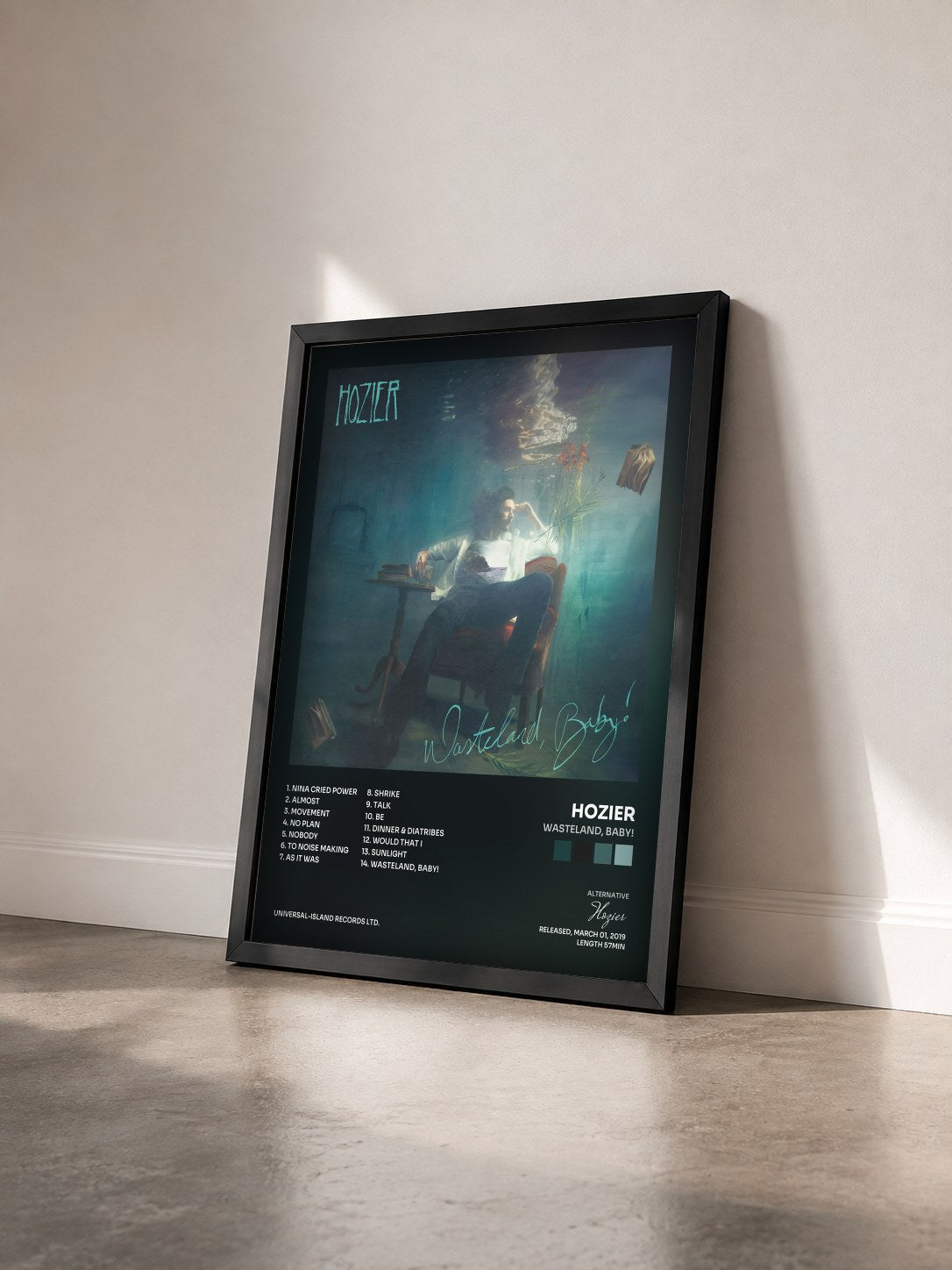 #noir Tableau de l'album Wasteland, Baby! de Hozier vu de trois quarts, cadre noir