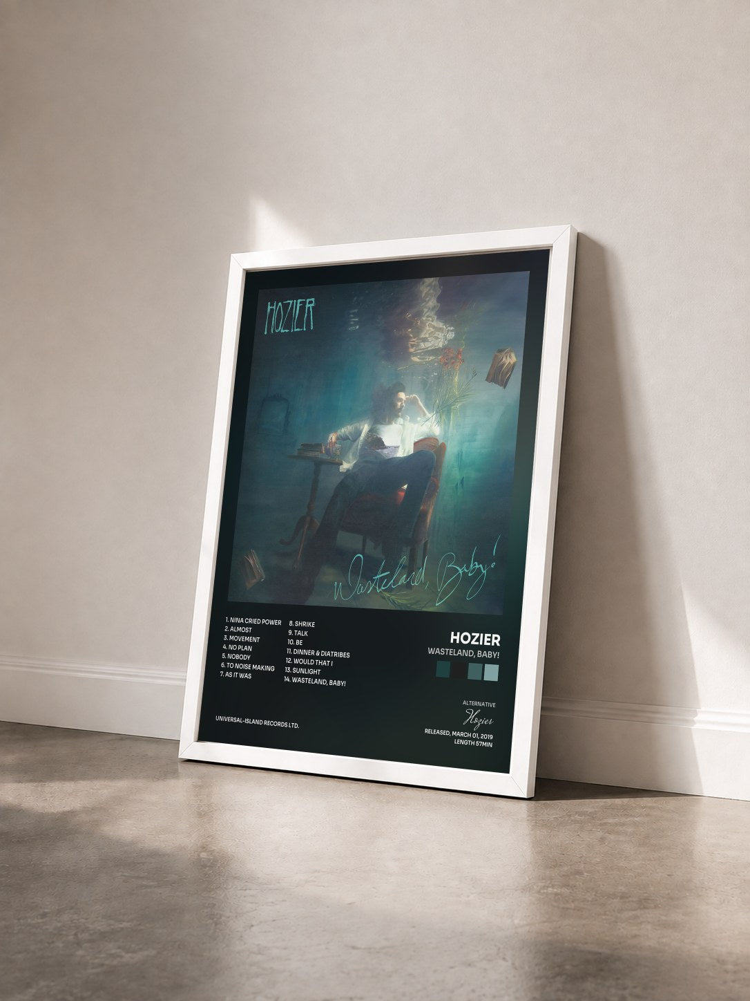 #blanc Tableau de l'album Wasteland, Baby! de Hozier vu de trois quarts, cadre blanc