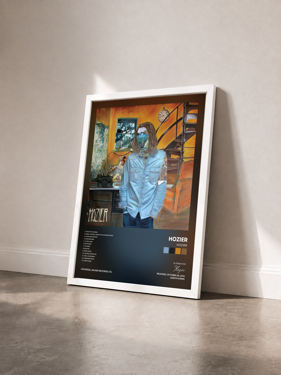 #blanc Hozier by Hozier as a framed art print seen at an angle, white frame