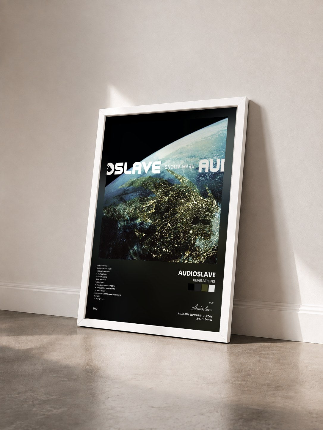#blanc Tableau de l'album Revelations de Audioslave vu de trois quarts, cadre blanc