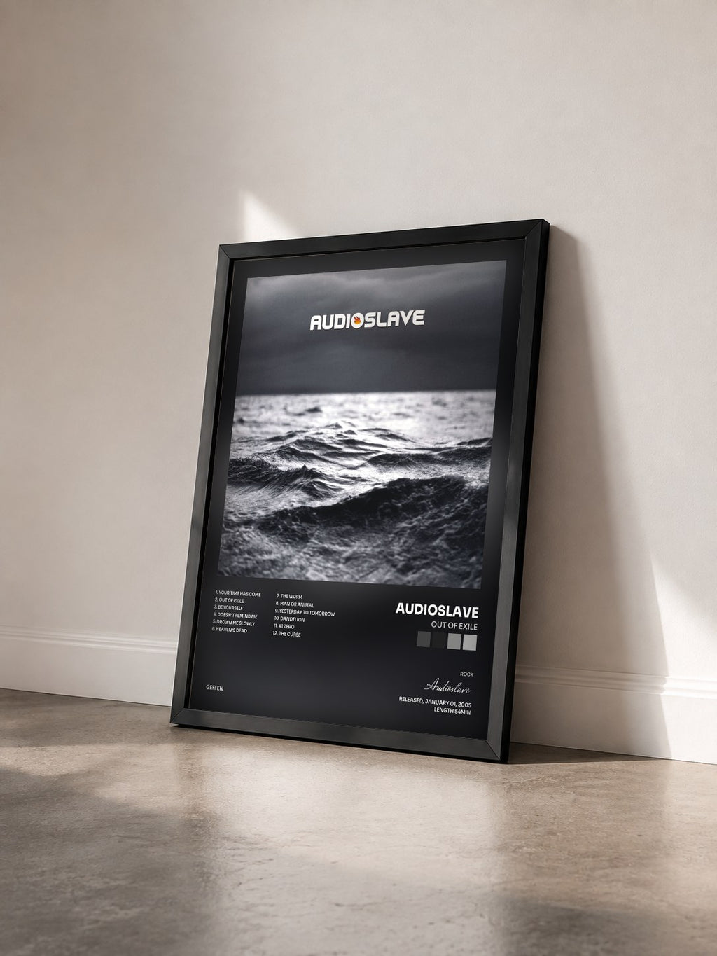 #noir Out of Exile di Audioslave in stampa incorniciata vista di tre quarti, cornice nera