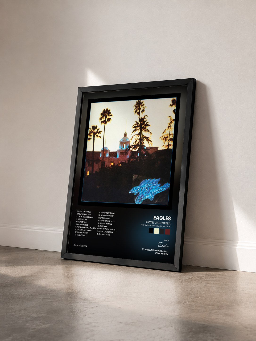 #noir Hotel California (40th Anniversary Expanded Edition) by Eagles as a framed art print seen at an angle, black frame