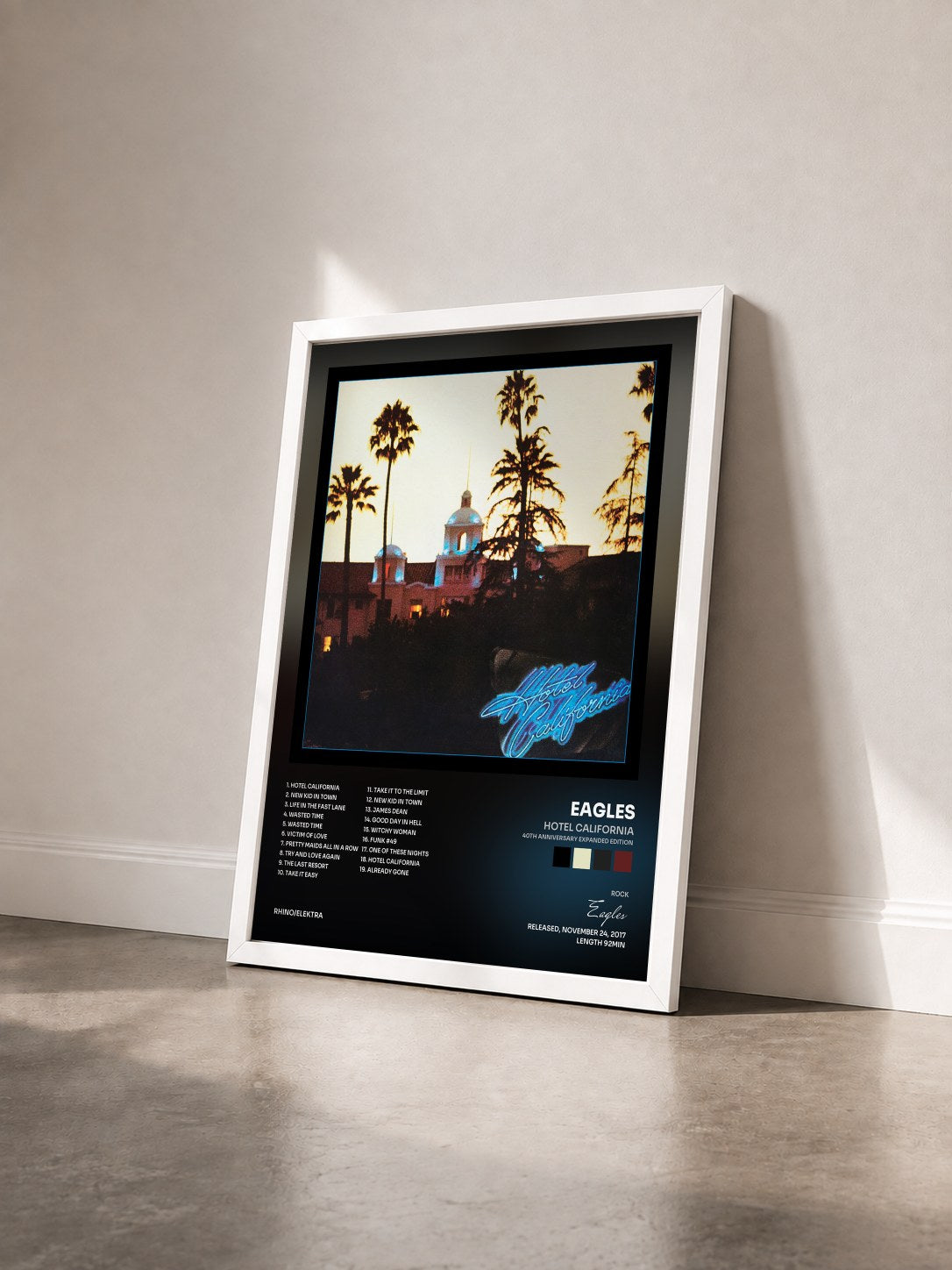#blanc Hotel California (40th Anniversary Expanded Edition) by Eagles as a framed art print seen at an angle, white frame