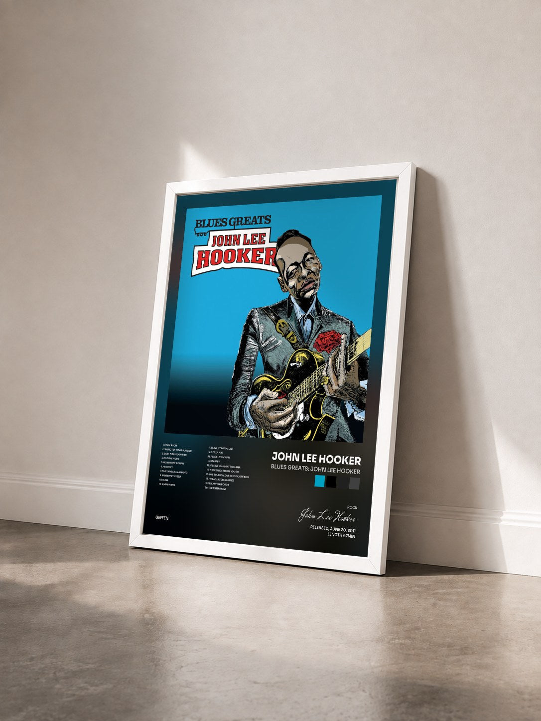 #blanc Blues Greats: John Lee Hooker de John Lee Hooker en lámina enmarcada vista de tres cuartos, marco blanco