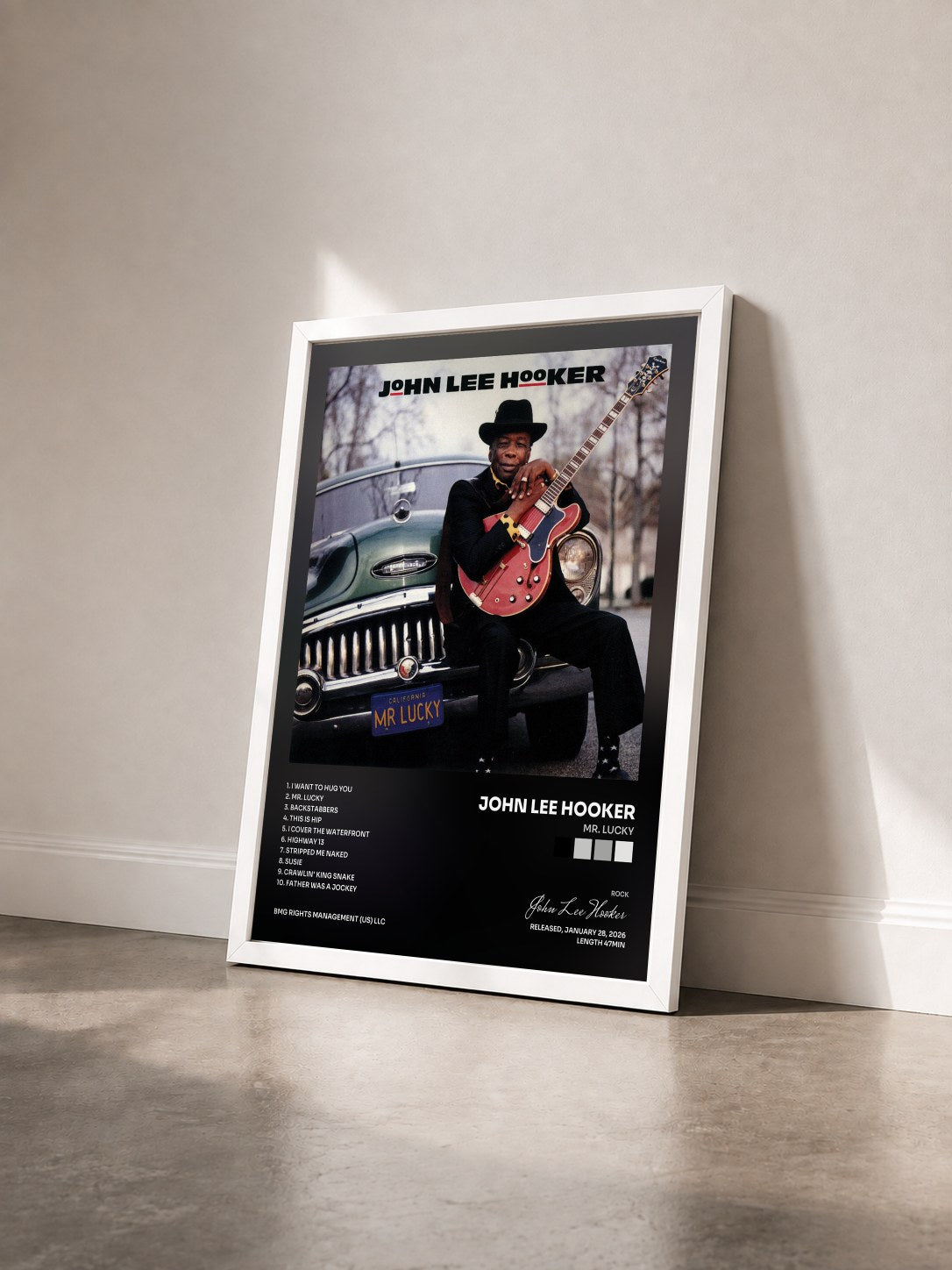 #blanc Mr. Lucky de John Lee Hooker en lámina enmarcada vista de tres cuartos, marco blanco