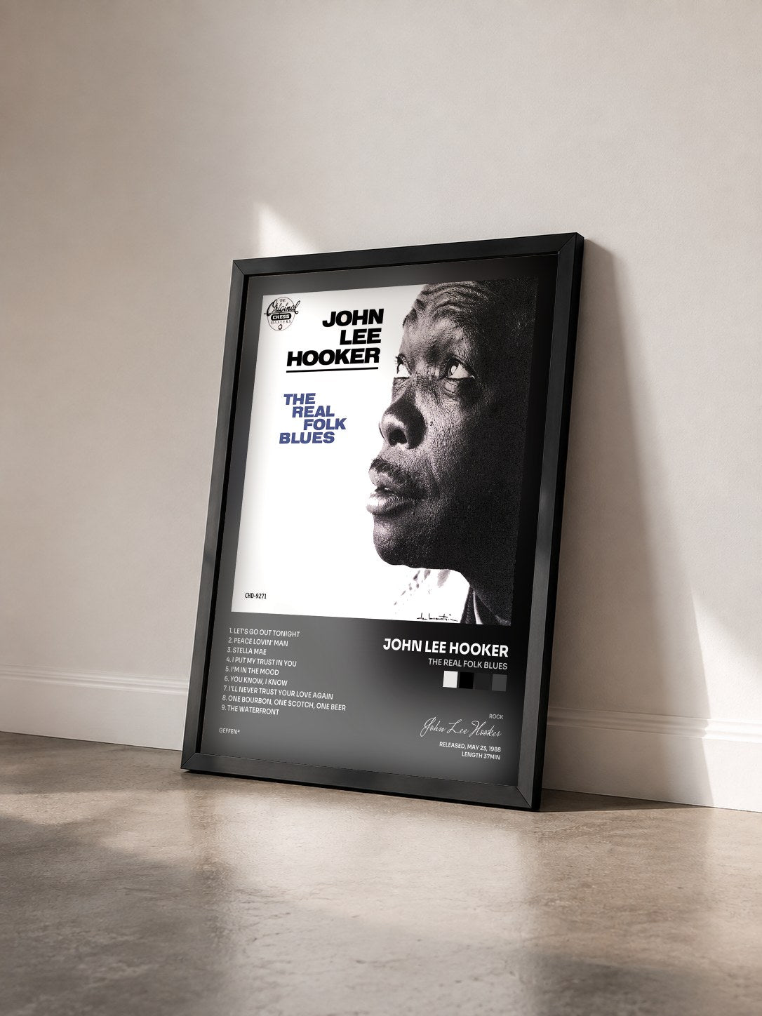 #noir The Real Folk Blues de John Lee Hooker en lámina enmarcada vista de tres cuartos, marco negro