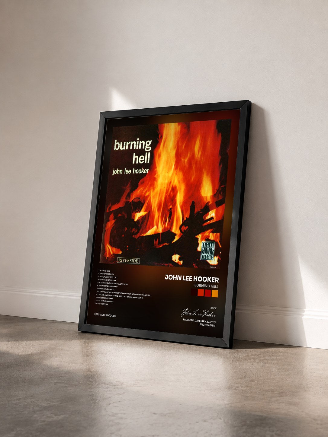 #noir Burning Hell de John Lee Hooker en lámina enmarcada vista de tres cuartos, marco negro