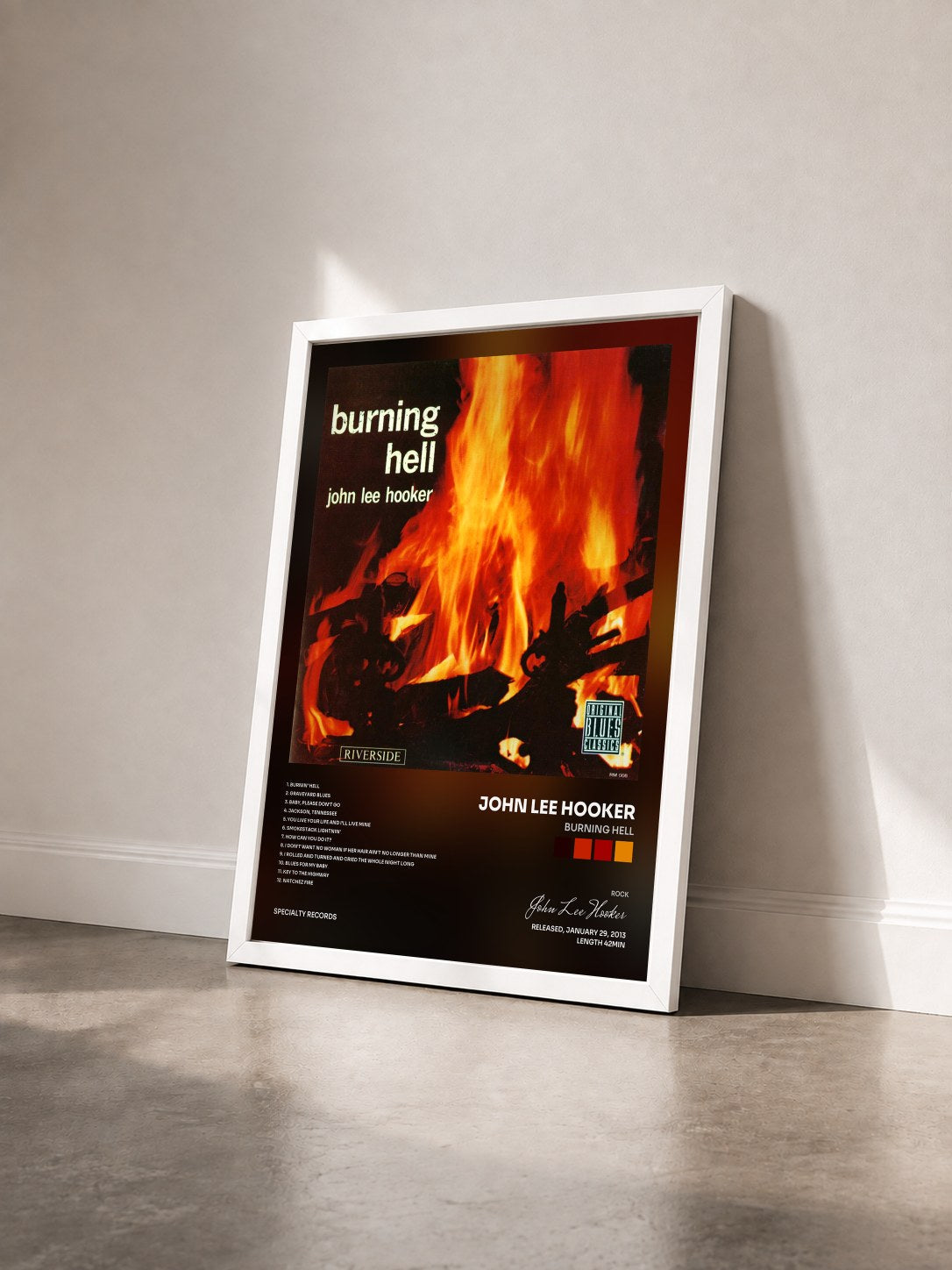 #blanc Burning Hell de John Lee Hooker en lámina enmarcada vista de tres cuartos, marco blanco