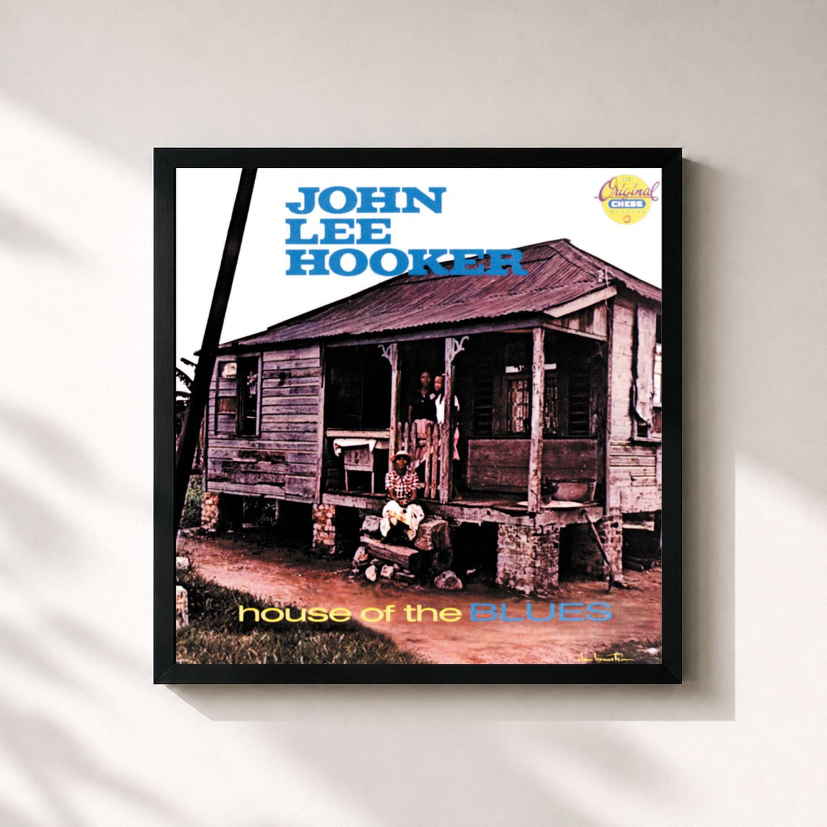 #noir House Of The Blues de John Lee Hooker en lámina cuadrada enmarcada, marco negro de 32x32 cm