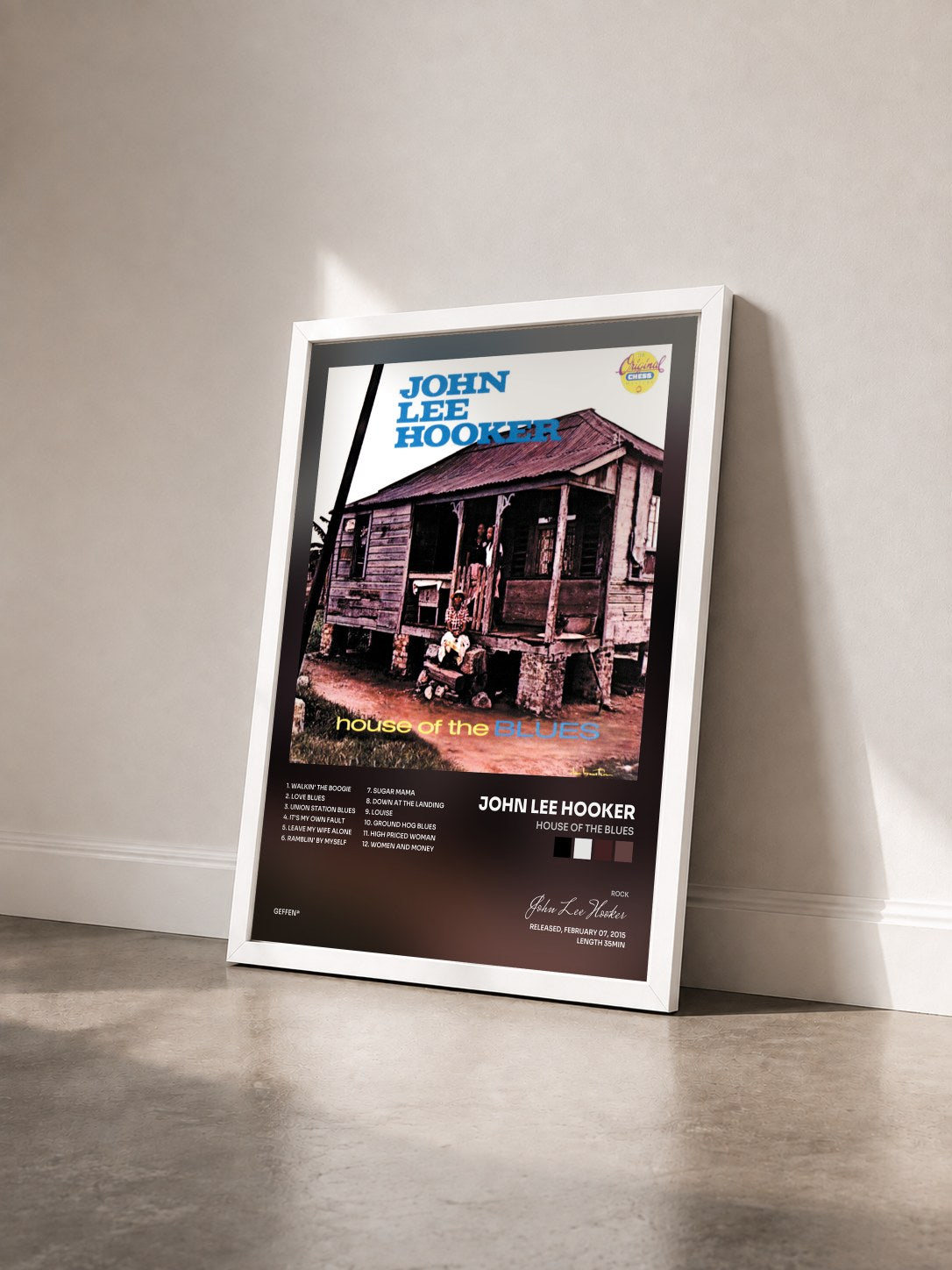 #blanc House Of The Blues de John Lee Hooker en lámina enmarcada vista de tres cuartos, marco blanco