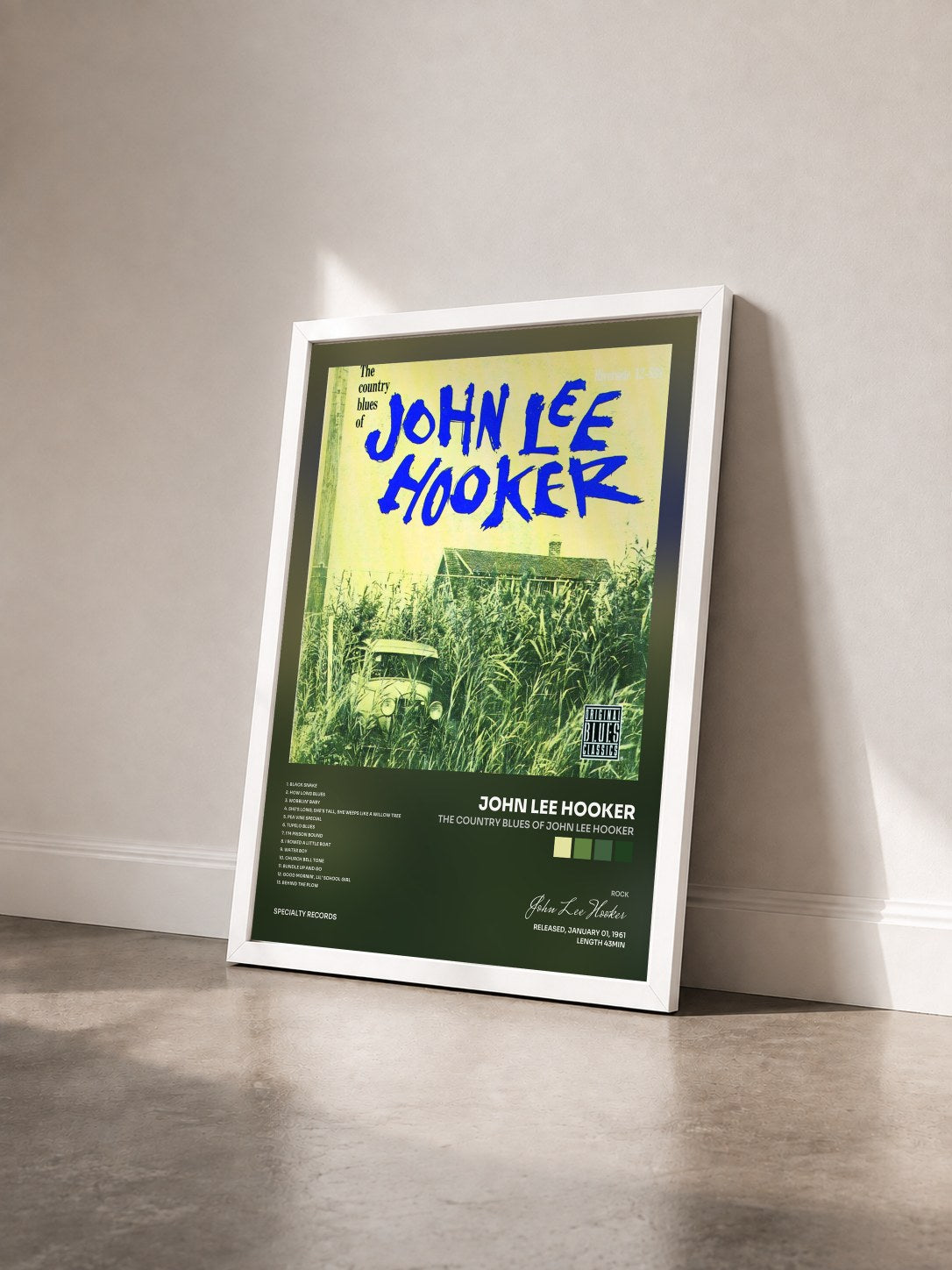 #blanc The Country Blues Of John Lee Hooker de John Lee Hooker en lámina enmarcada vista de tres cuartos, marco blanco