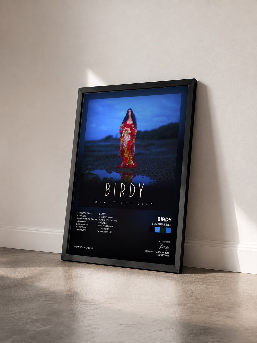 #noir Tableau de l'album Beautiful Lies de Birdy vu de trois quarts, cadre noir