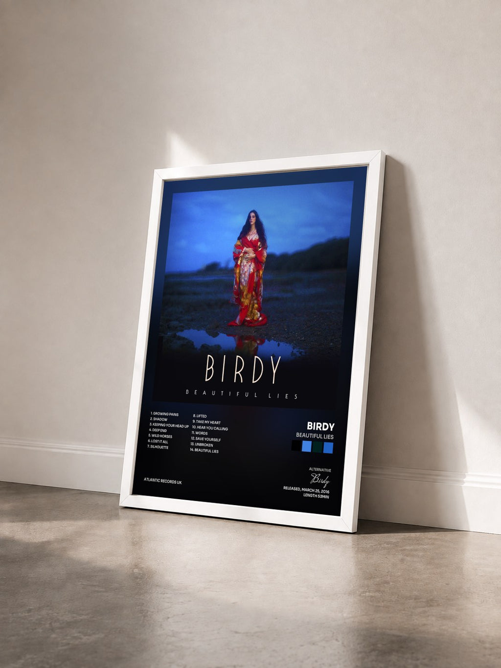 #blanc Tableau de l'album Beautiful Lies de Birdy vu de trois quarts, cadre blanc