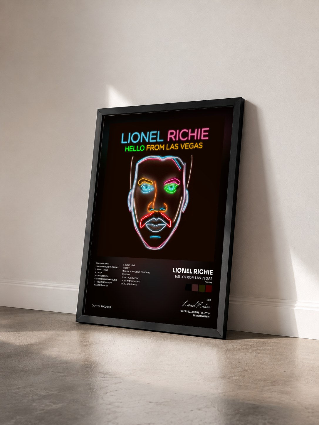 #noir Tableau de l'album Hello From Las Vegas (Deluxe) de Lionel Richie vu de trois quarts, cadre noir