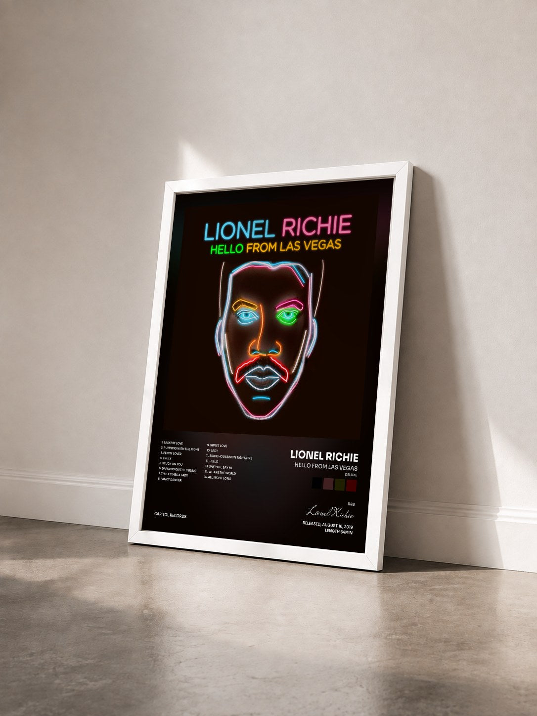 #blanc Tableau de l'album Hello From Las Vegas (Deluxe) de Lionel Richie vu de trois quarts, cadre blanc