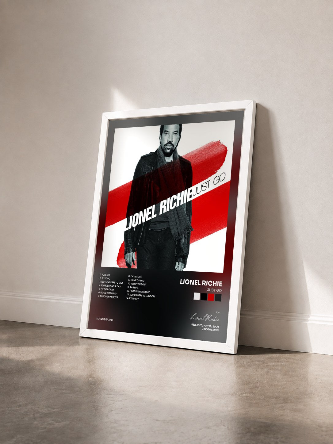 #blanc Tableau de l'album Just Go de Lionel Richie vu de trois quarts, cadre blanc