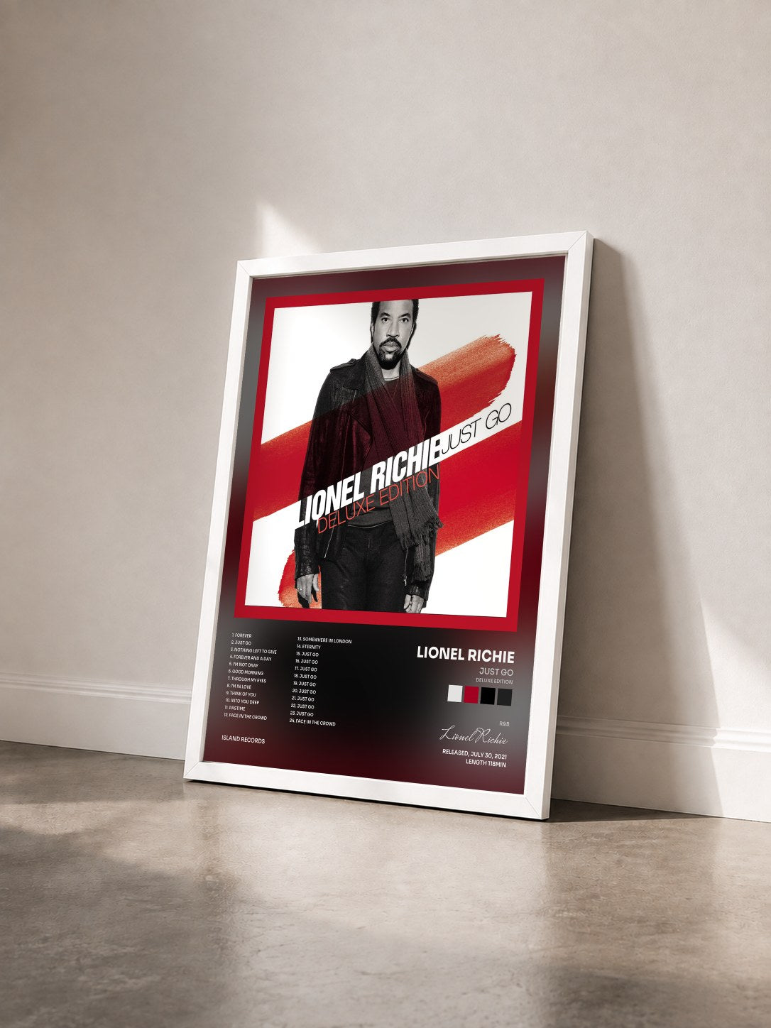 #blanc Tableau de l'album Just Go (Deluxe Edition) de Lionel Richie vu de trois quarts, cadre blanc