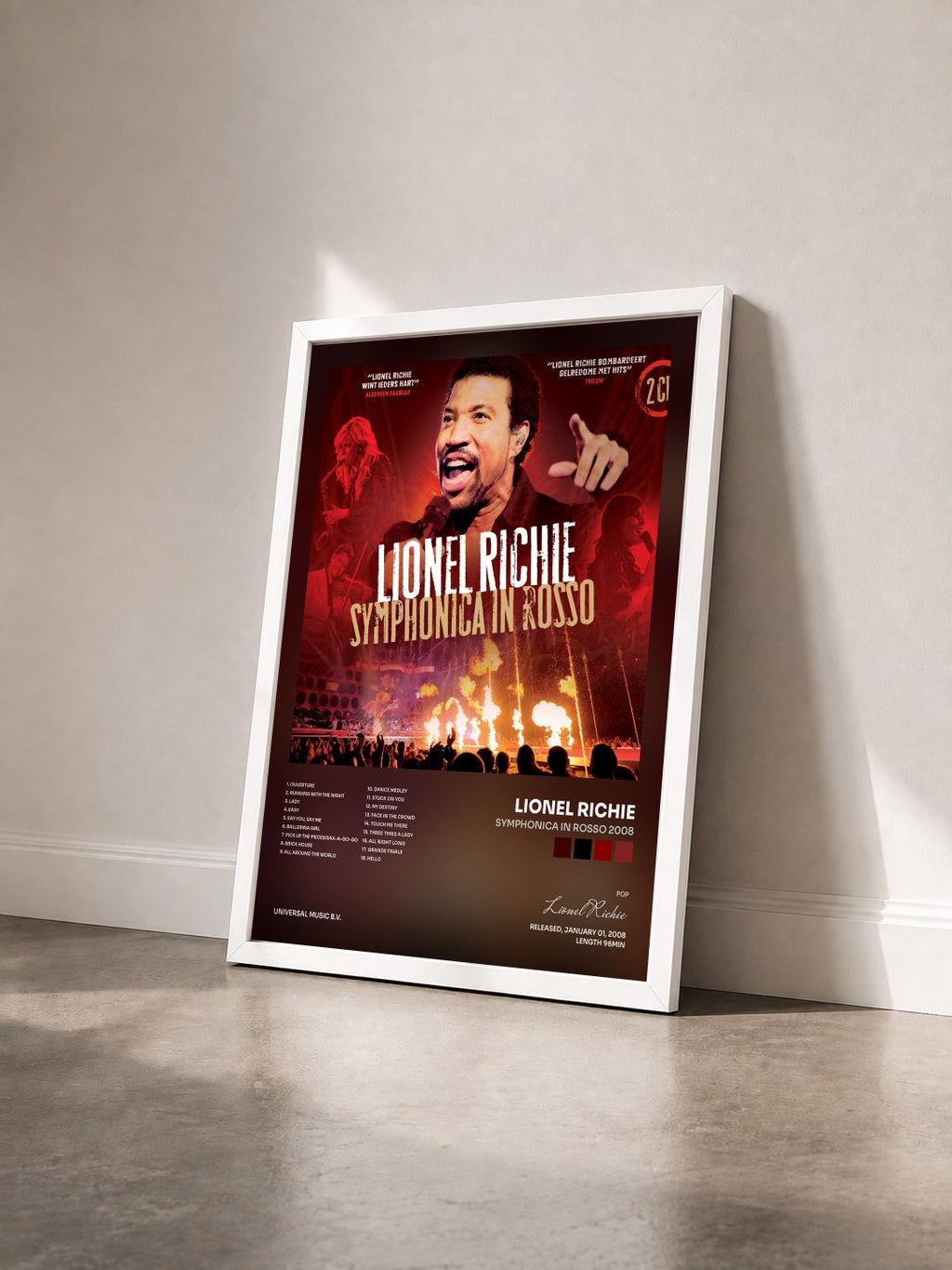 #blanc Tableau de l'album Symphonica In Rosso 2008 de Lionel Richie vu de trois quarts, cadre blanc