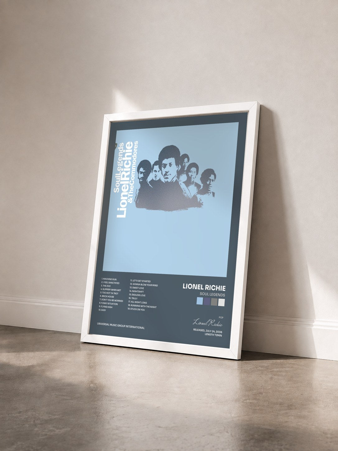 #blanc Tableau de l'album Soul Legends de Lionel Richie vu de trois quarts, cadre blanc