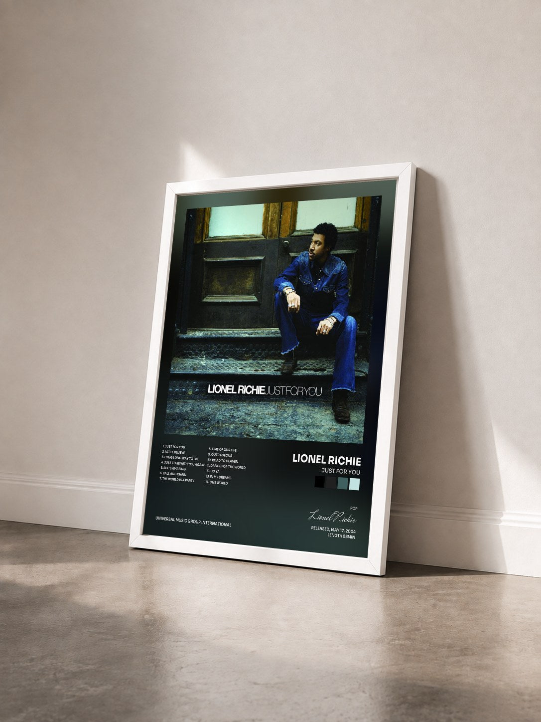 #blanc Tableau de l'album Just For You de Lionel Richie vu de trois quarts, cadre blanc