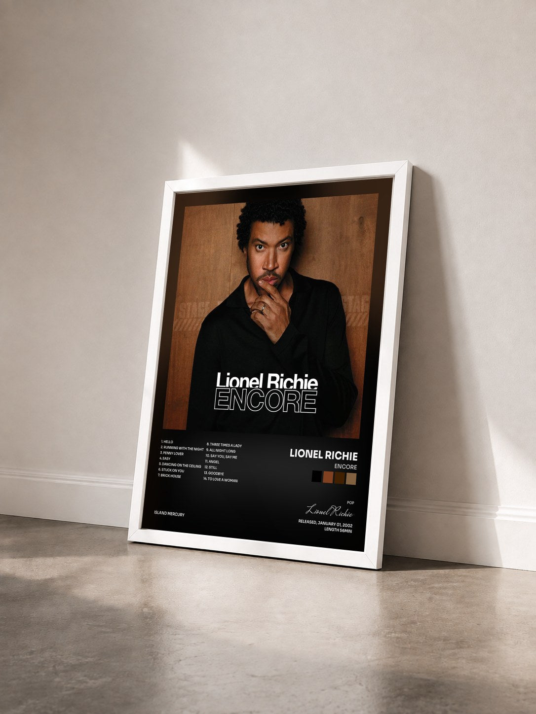 #blanc Tableau de l'album Encore de Lionel Richie vu de trois quarts, cadre blanc