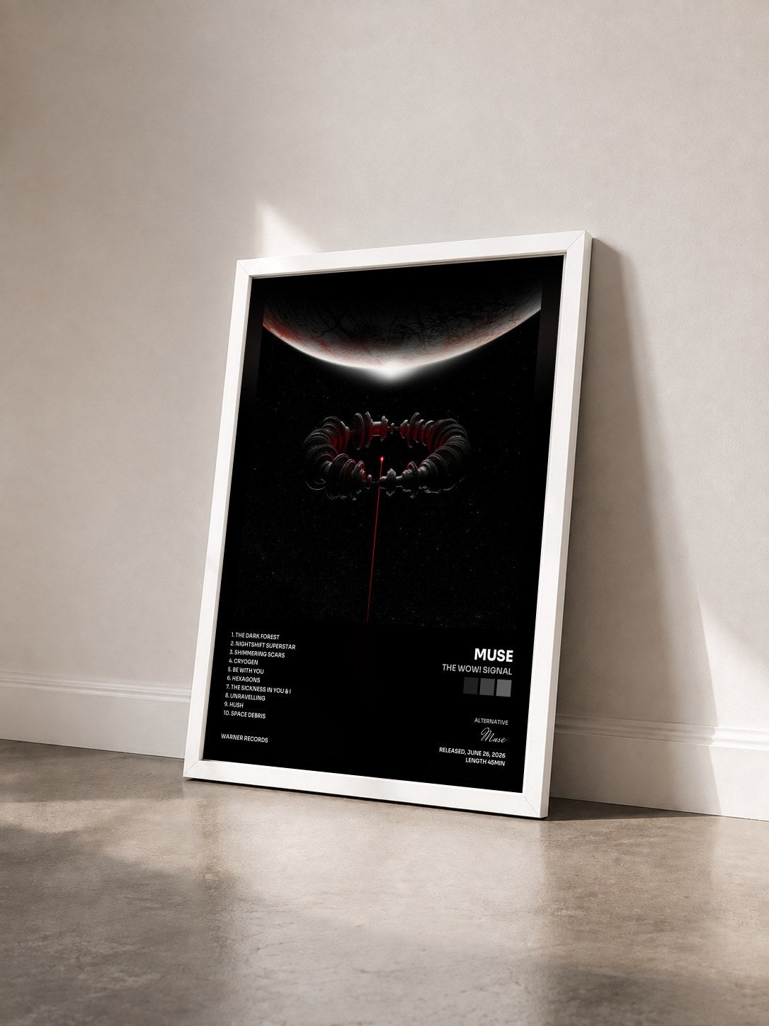 #blanc Tableau de l'album The Wow! Signal de Muse vu de trois quarts, cadre blanc