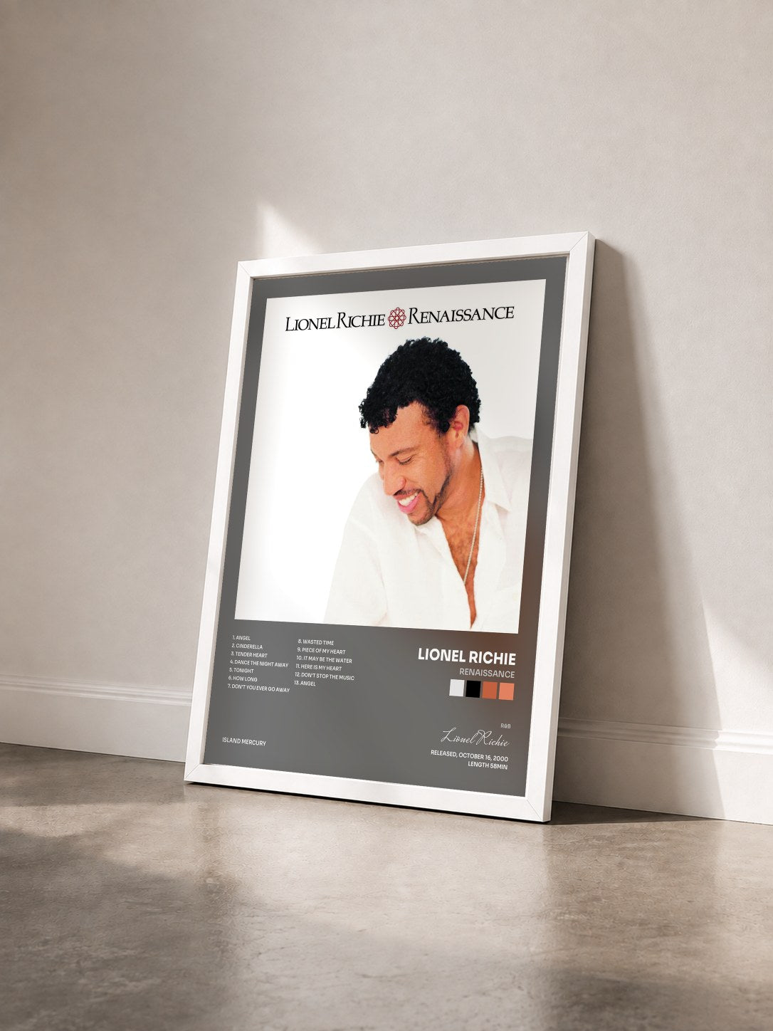 #blanc Tableau de l'album Renaissance de Lionel Richie vu de trois quarts, cadre blanc
