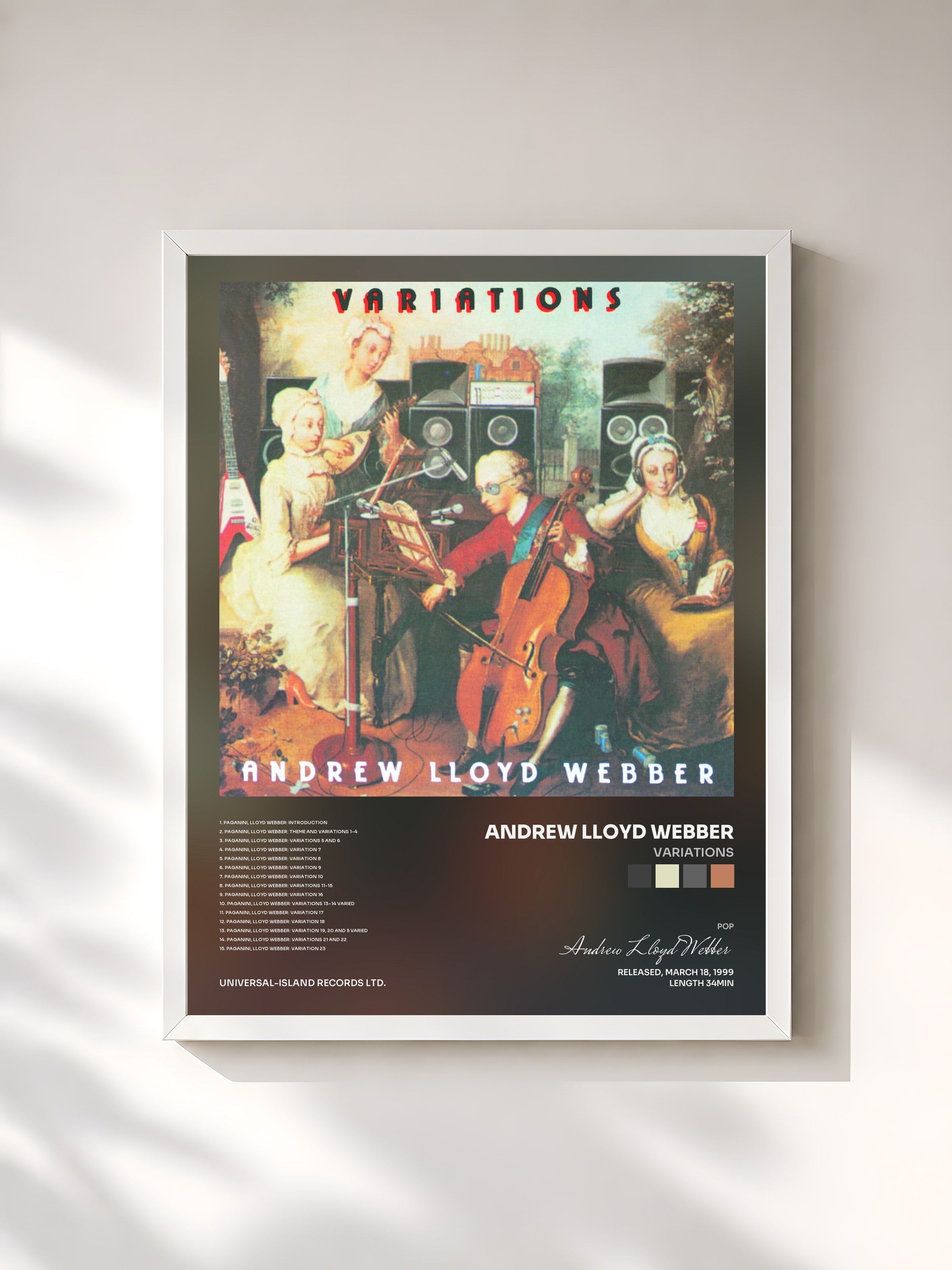 #blanc Tableau de l'album Variations de Andrew Lloyd Webber, cadre blanc, imprimé et encadré en France