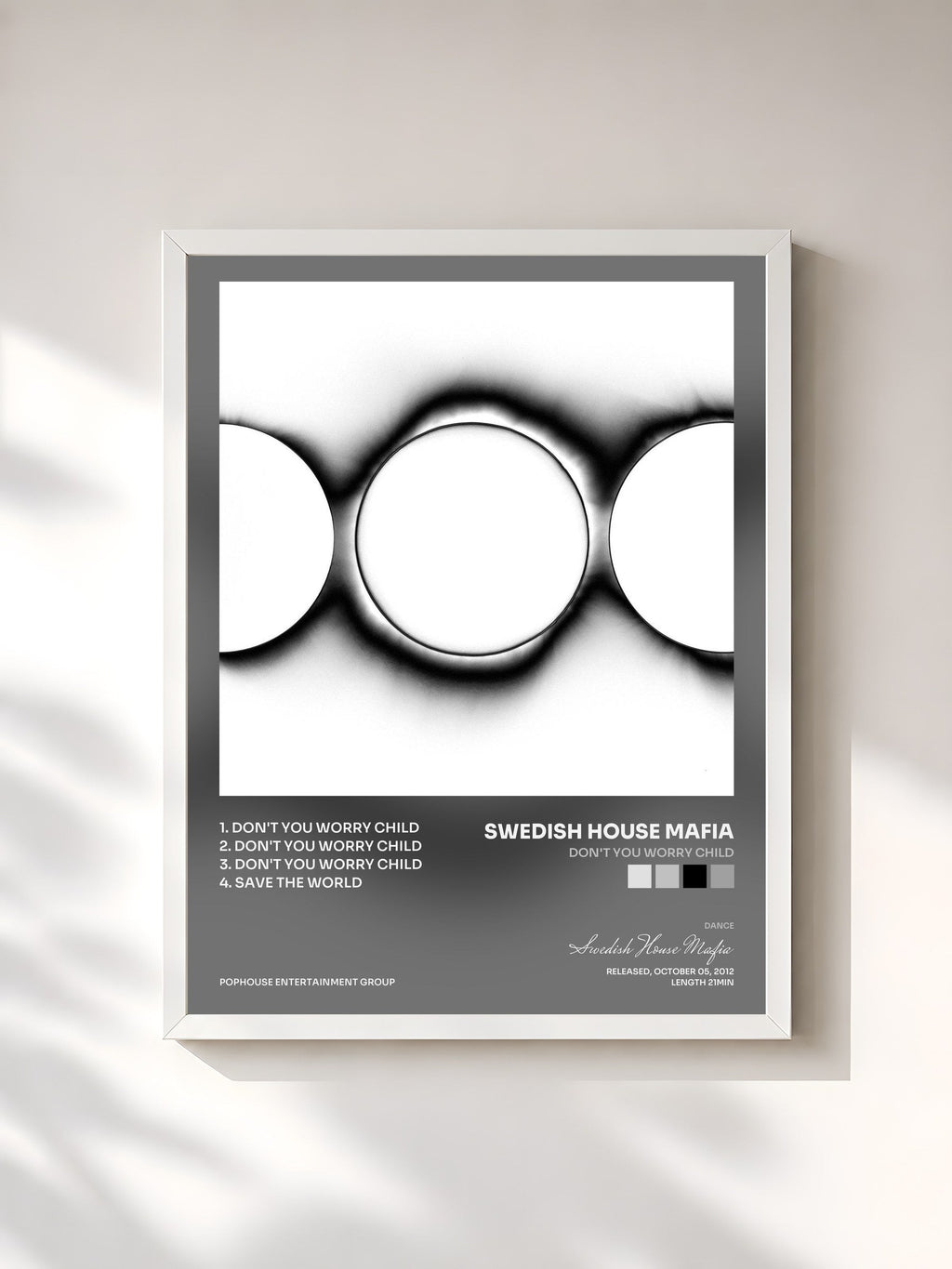 #blanc Tableau de l'album Don't You Worry Child de Swedish House Mafia, cadre blanc, imprimé et encadré en France