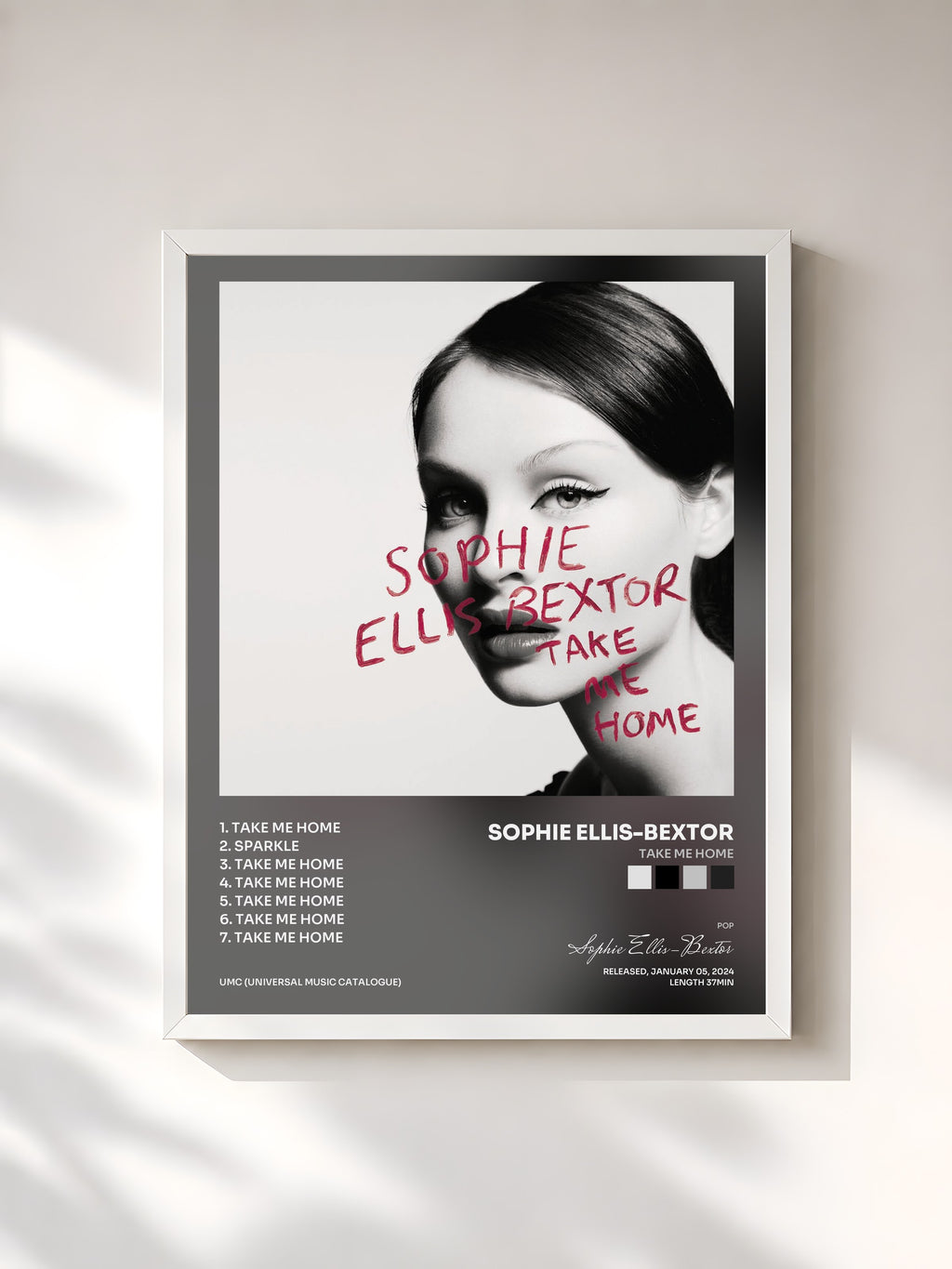 #blanc Tableau de l'album Take Me Home de Sophie Ellis-Bextor, cadre blanc, imprimé et encadré en France