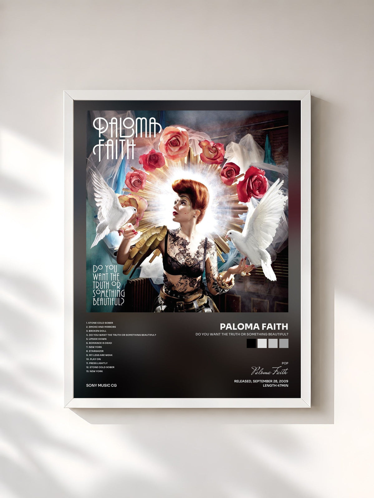 #blanc Tableau de l'album Do You Want the Truth or Something Beautiful? de Paloma Faith, cadre blanc, imprimé et encadré en France
