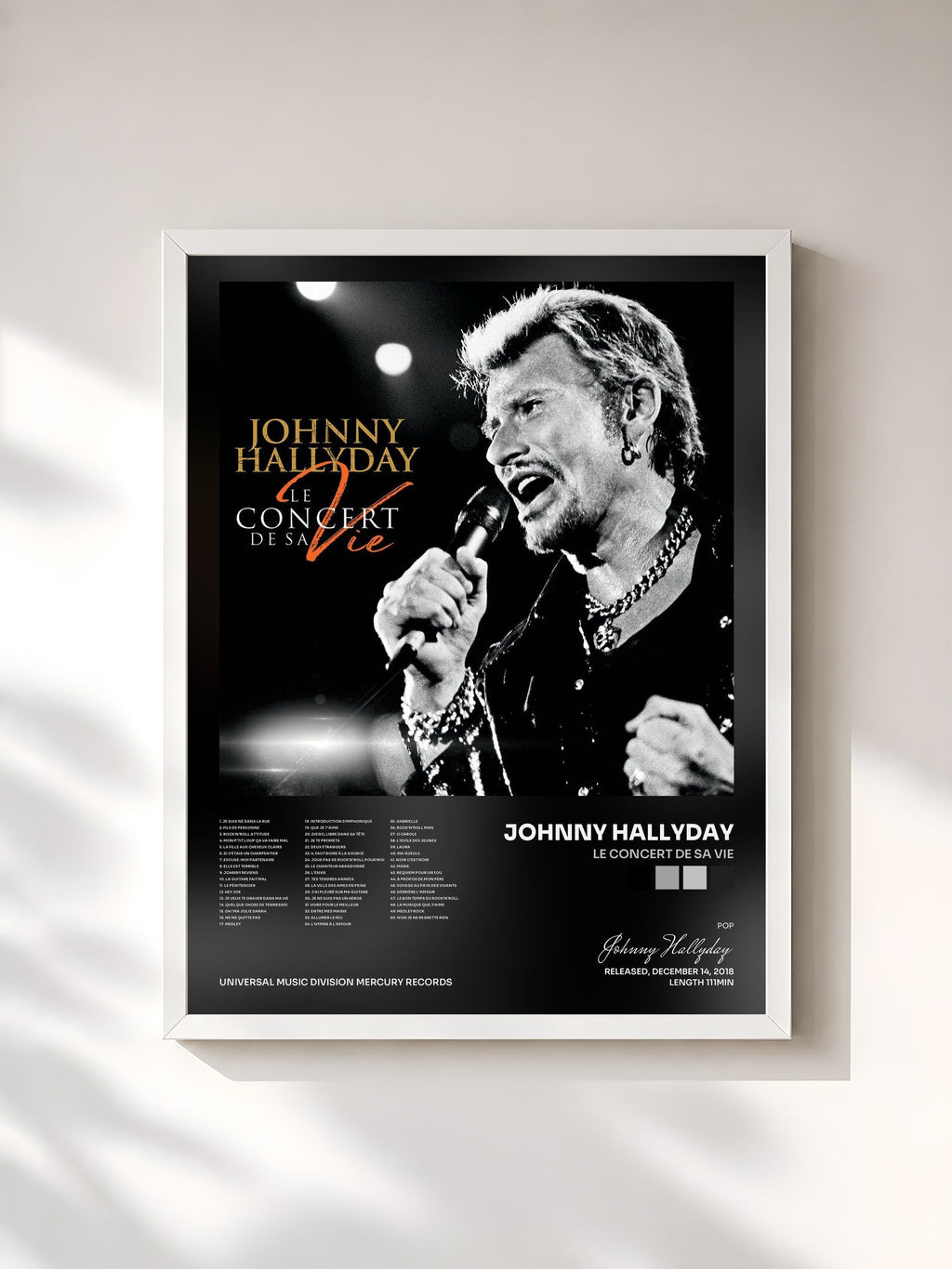 #blanc Tableau de l'album Le concert de sa vie de Johnny Hallyday, cadre blanc, imprimé et encadré en France