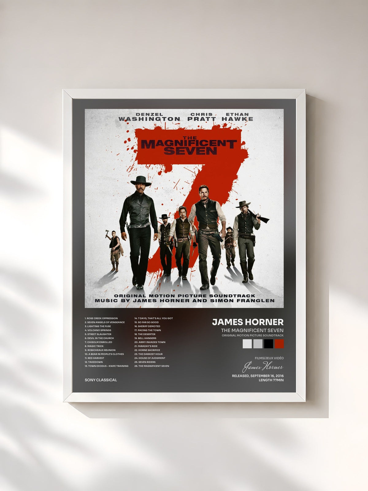 #blanc Tableau de l'album The Magnificent Seven (Original Motion Picture Soundtrack) de James Horner, cadre blanc, imprimé et encadré en France