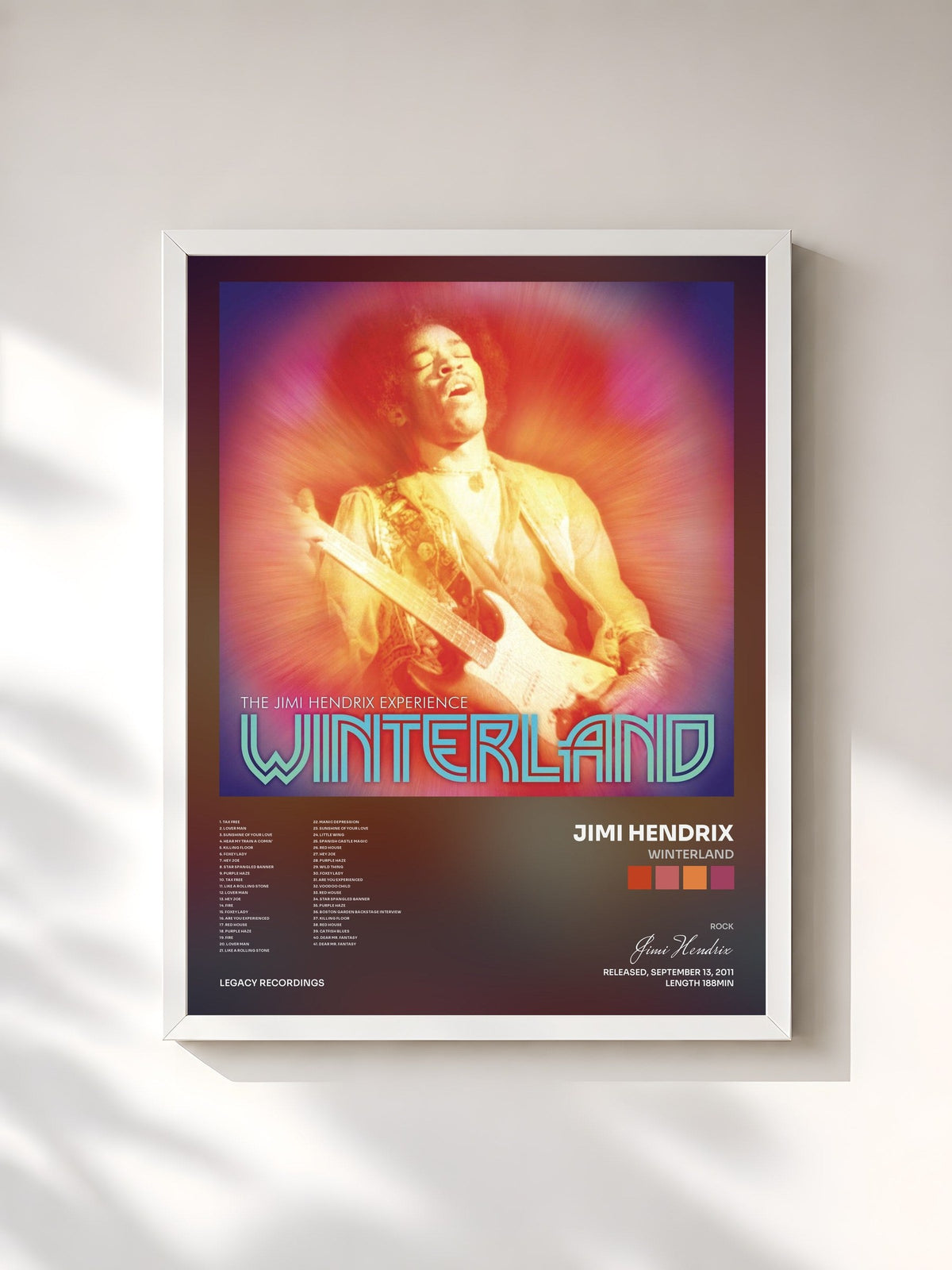 #blanc Tableau de l'album Winterland de Jimi Hendrix, cadre blanc, imprimé et encadré en France