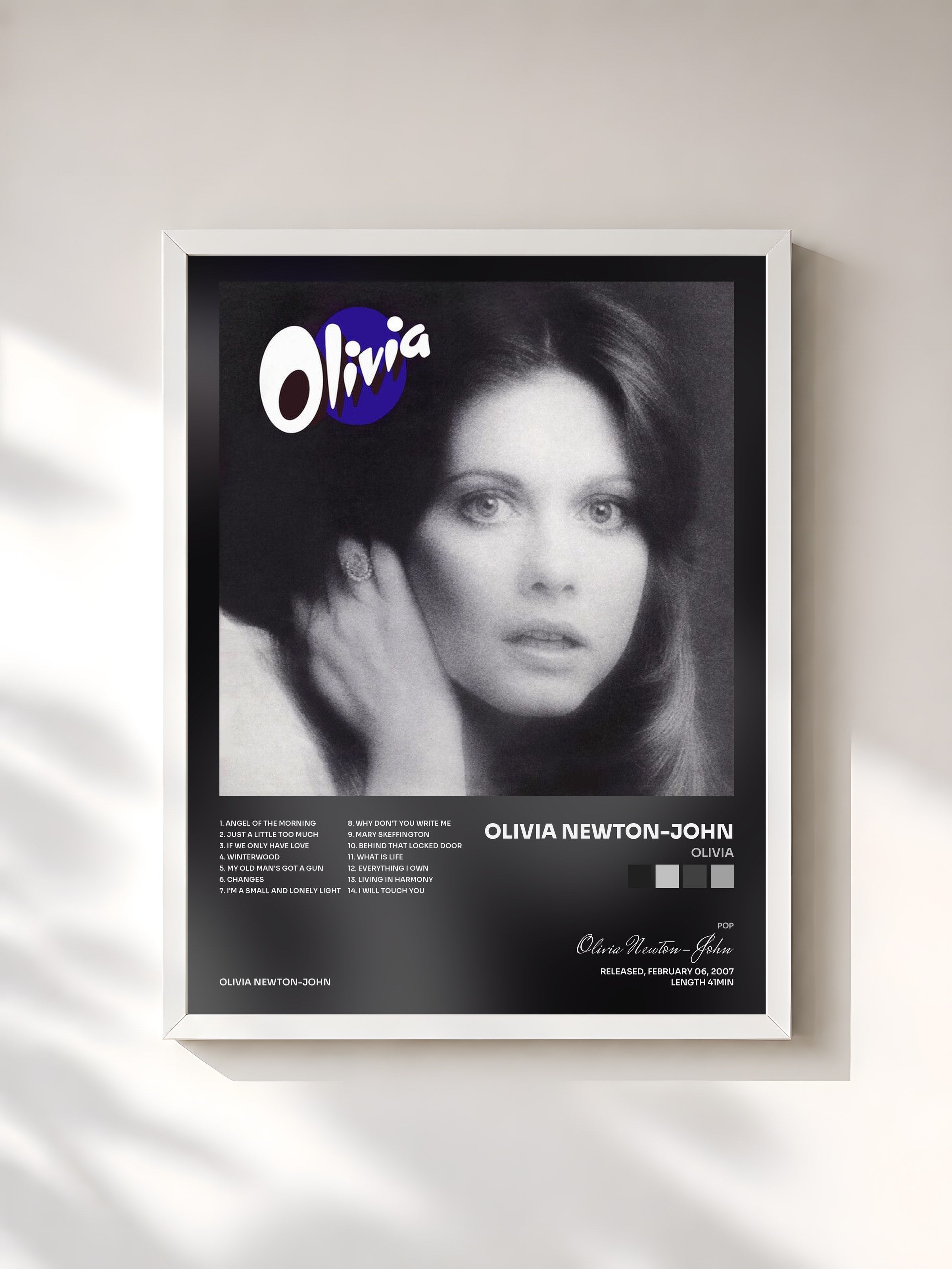 #blanc Tableau de l'album Olivia de Olivia Newton-John, cadre blanc, imprimé et encadré en France