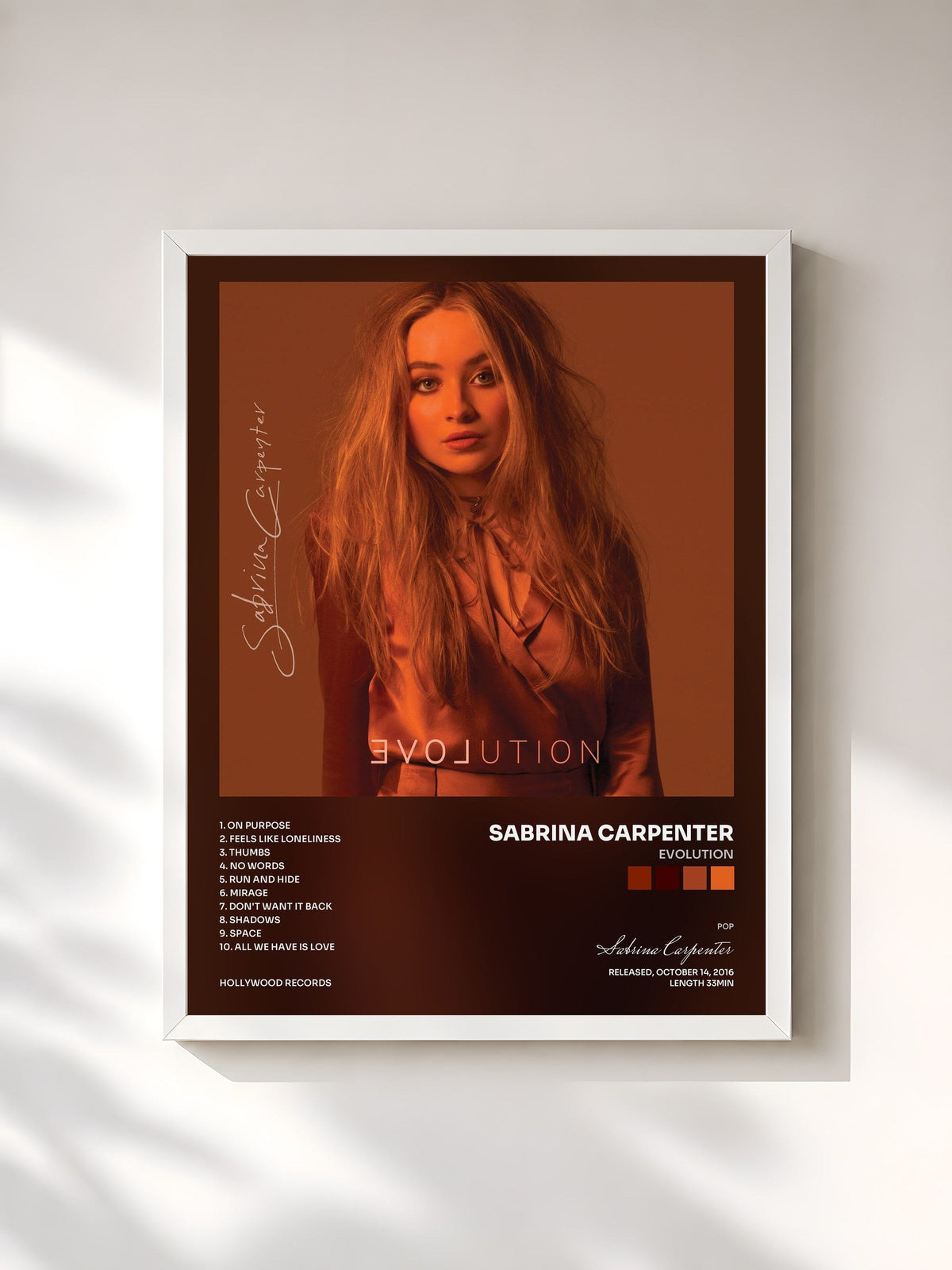 #blanc Tableau de l'album EVOLution de Sabrina Carpenter, cadre blanc, imprimé et encadré en France